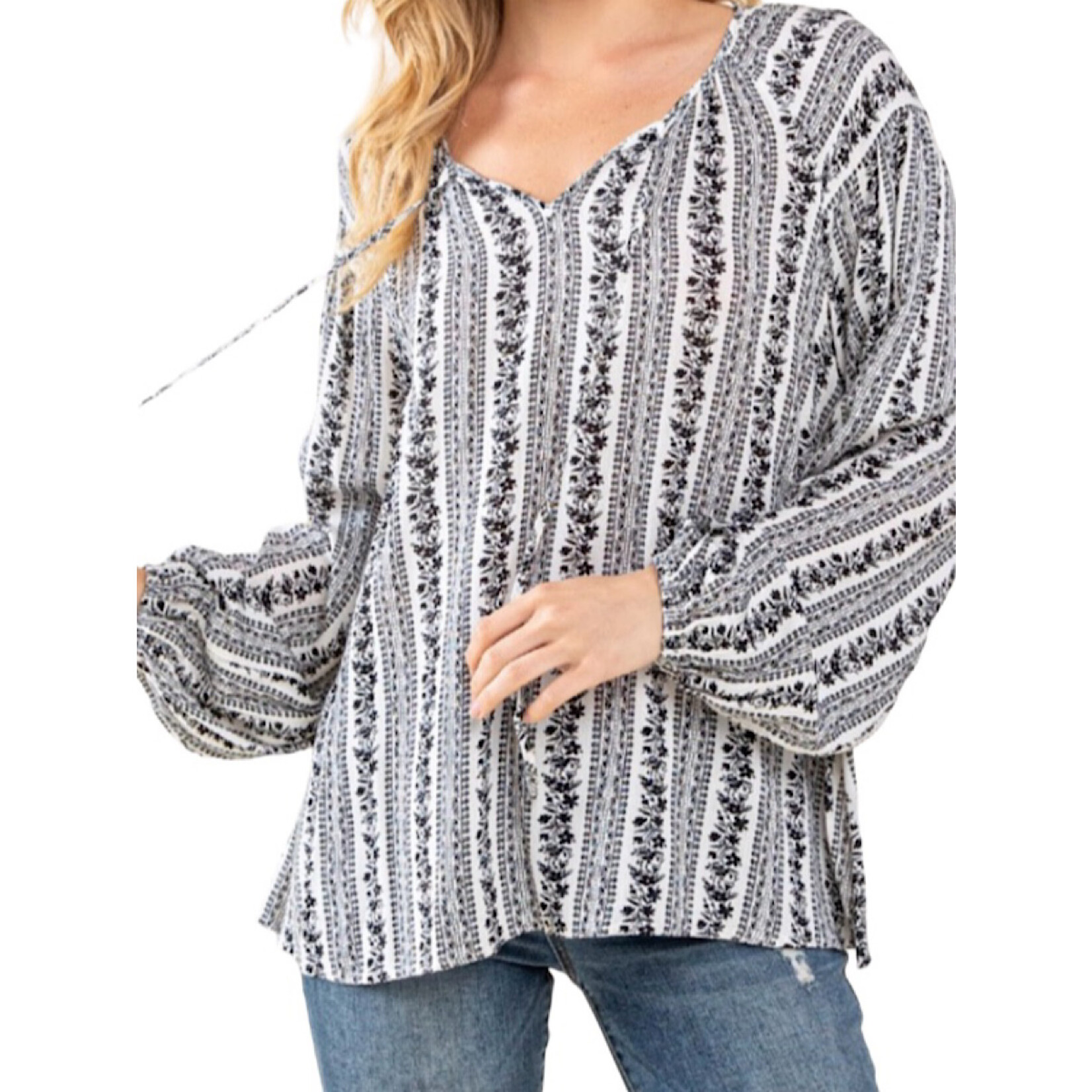 Black Round Split Neck Flare Top with Balloon Sleeves