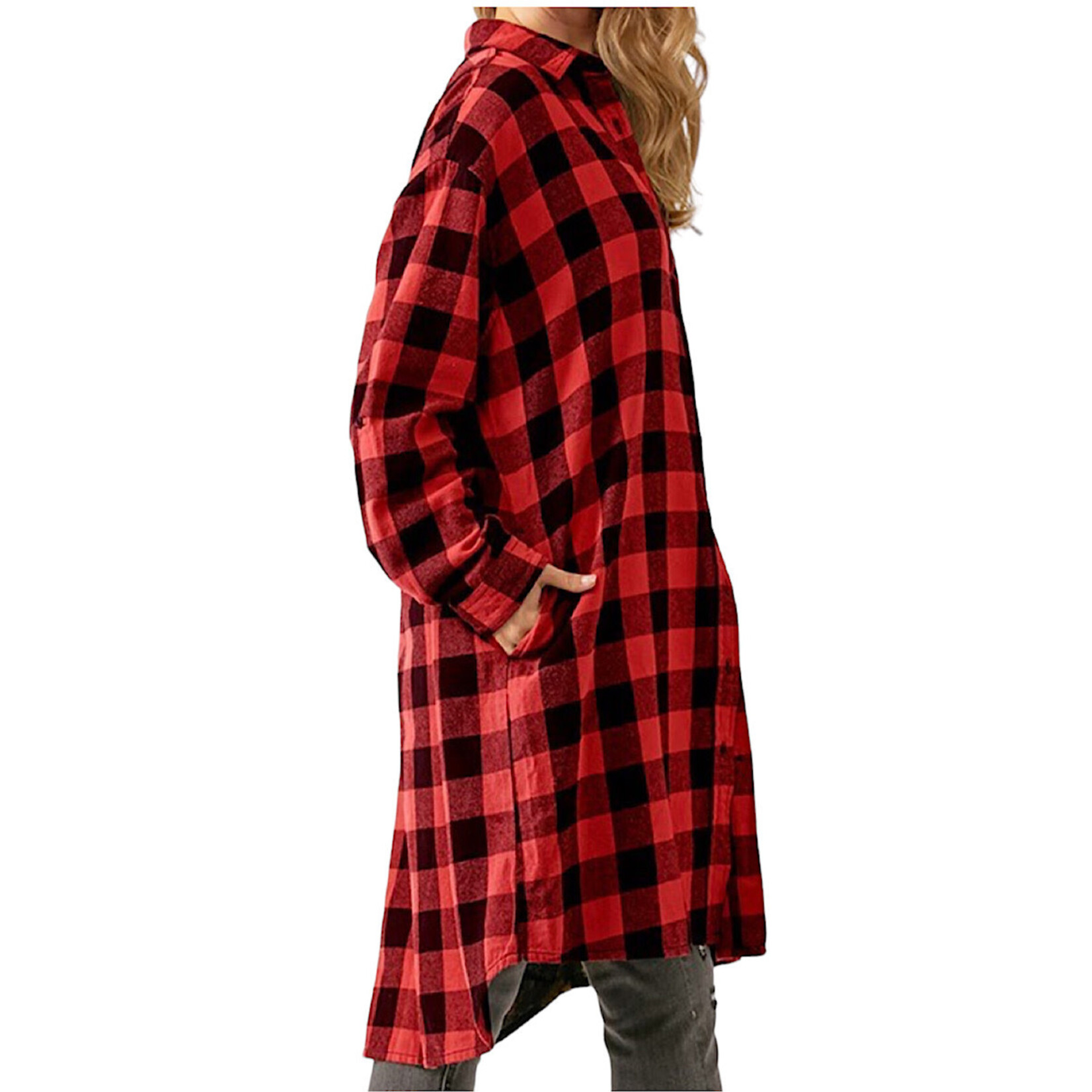 RISEN Red Buffalo Plaid Long Shirt Jacket RDJ2105