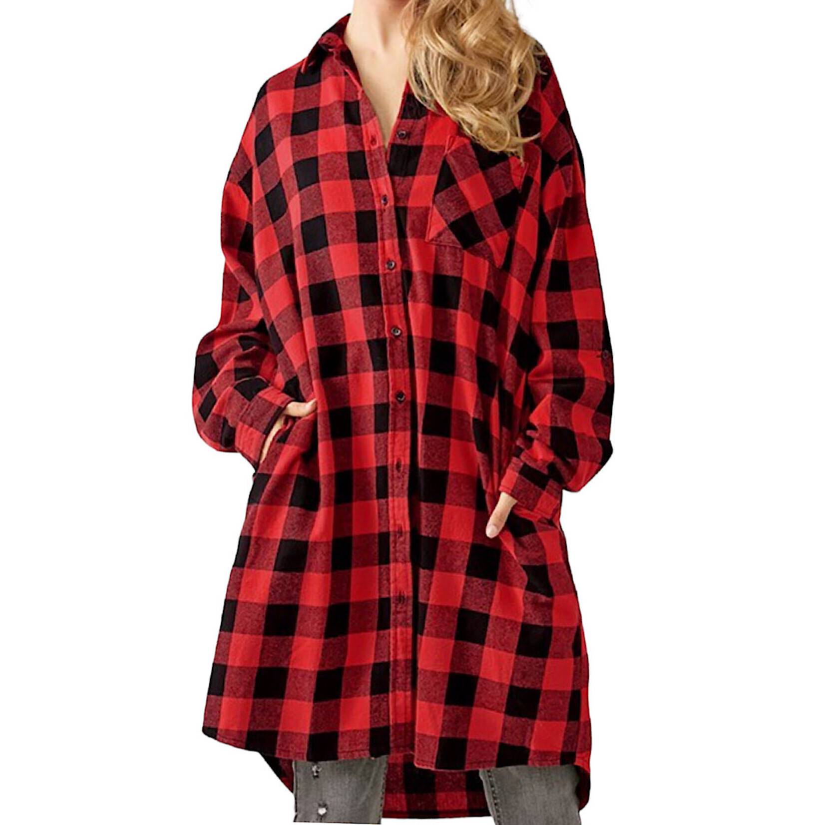 RISEN Red Buffalo Plaid Long Shirt Jacket RDJ2105