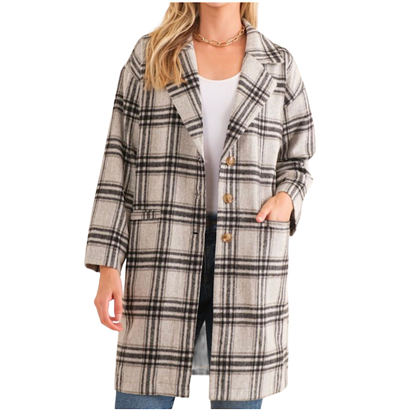 Black Plaid Button Down Coat with Slip Pockets