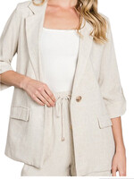Natural Striped Linen 3/4 Roll Tab Jacket
