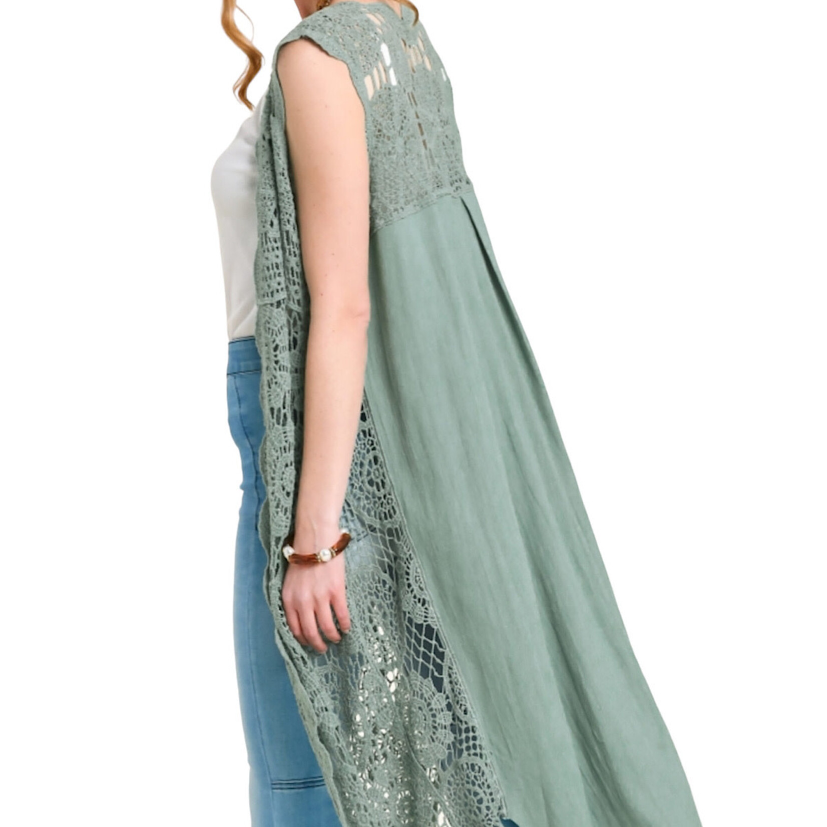 Light Sage Sleeveless Maxi Crochet Kimono With Scalloped Hem