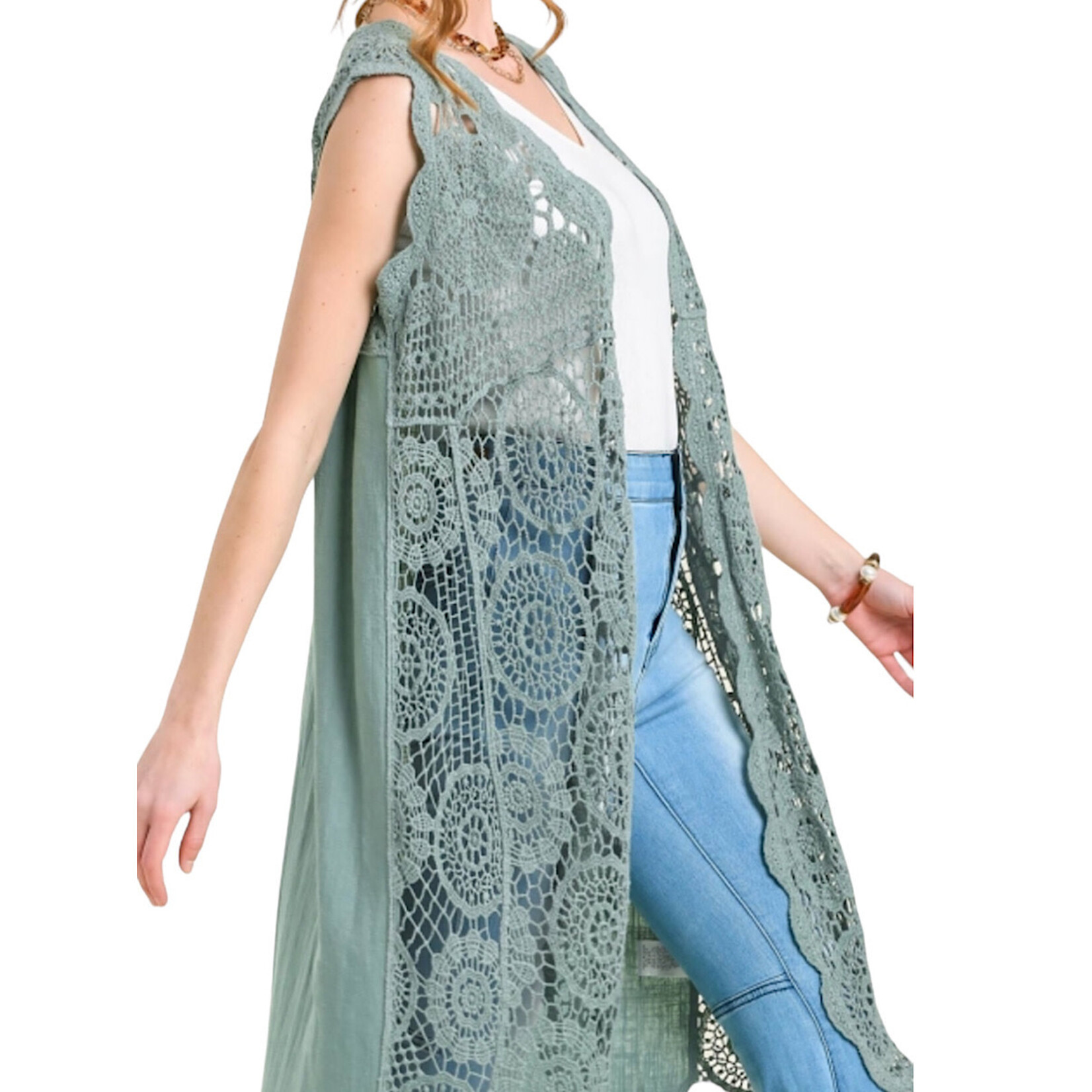 Light Sage Sleeveless Maxi Crochet Kimono With Scalloped Hem