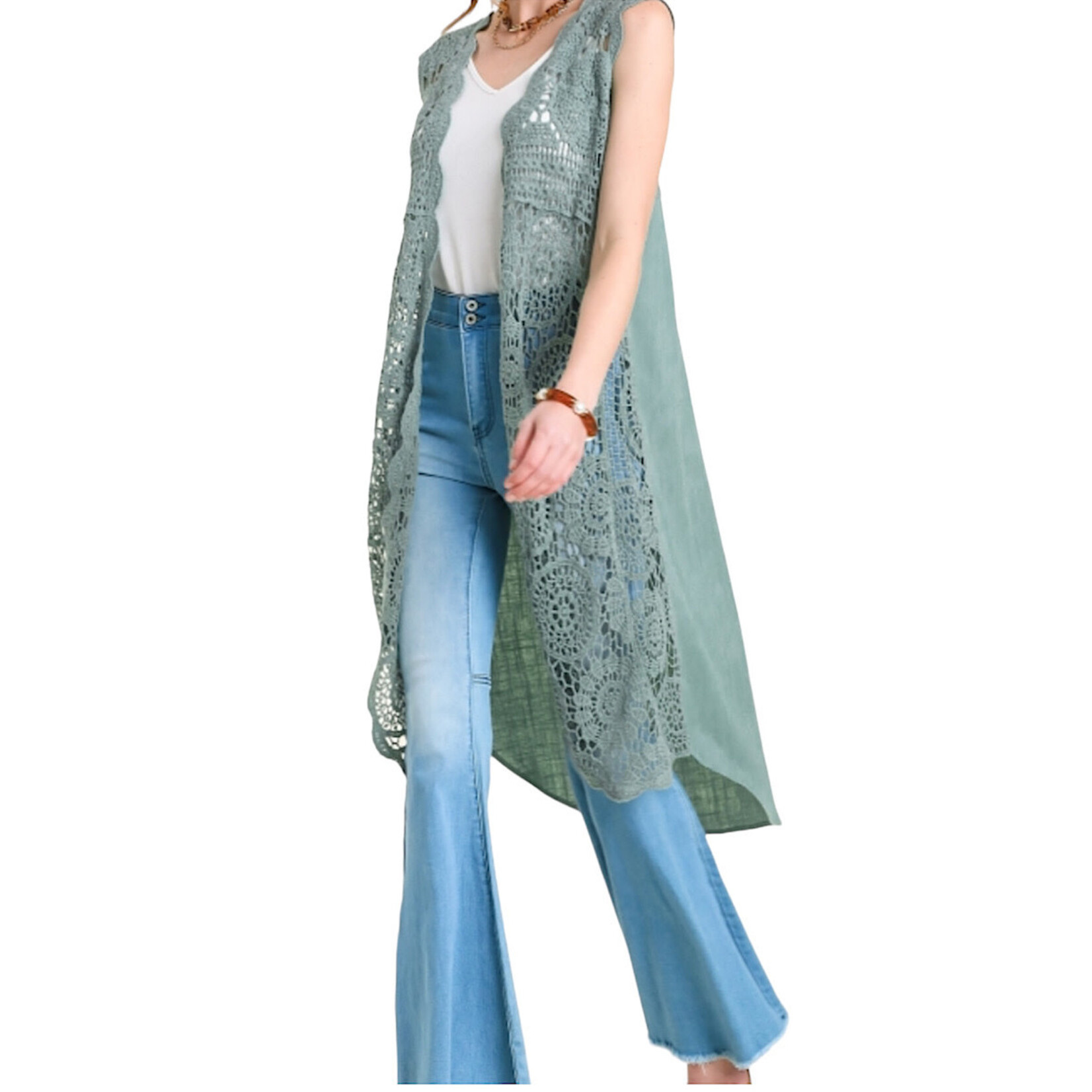 Light Sage Sleeveless Maxi Crochet Kimono With Scalloped Hem