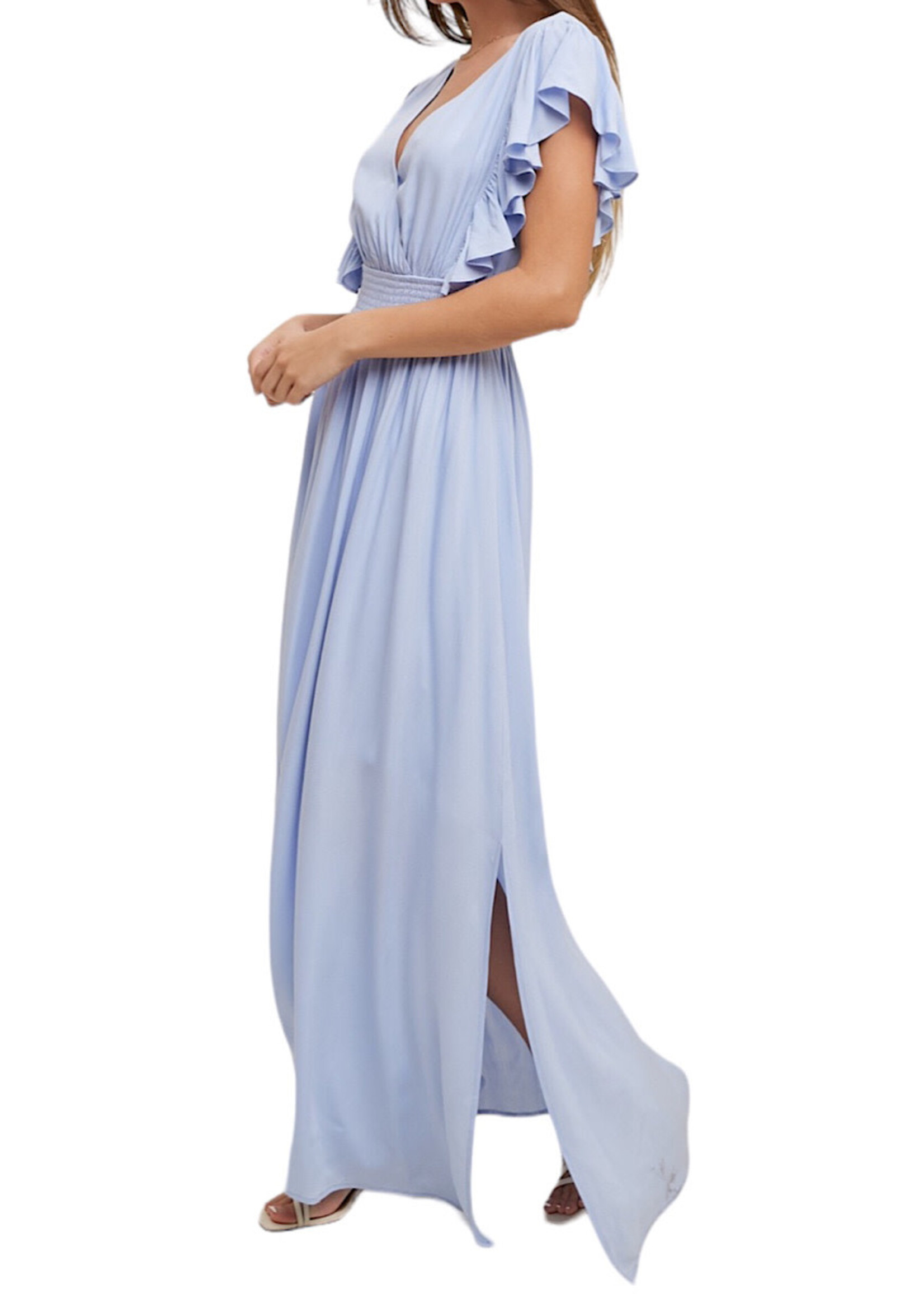 Sky Flutter Sleeve Maxi Dress with Self Back Tie