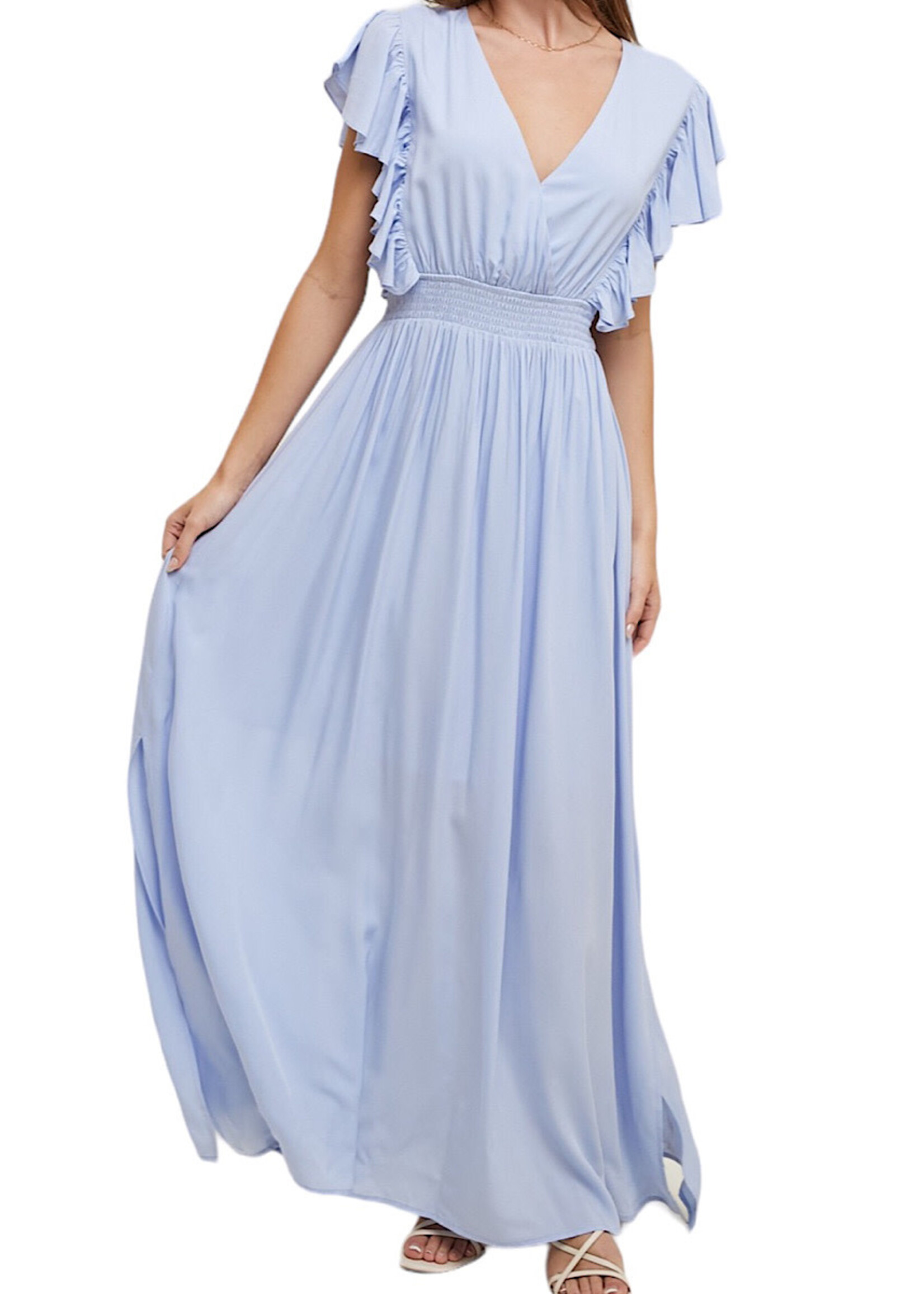 Sky Flutter Sleeve Maxi Dress with Self Back Tie