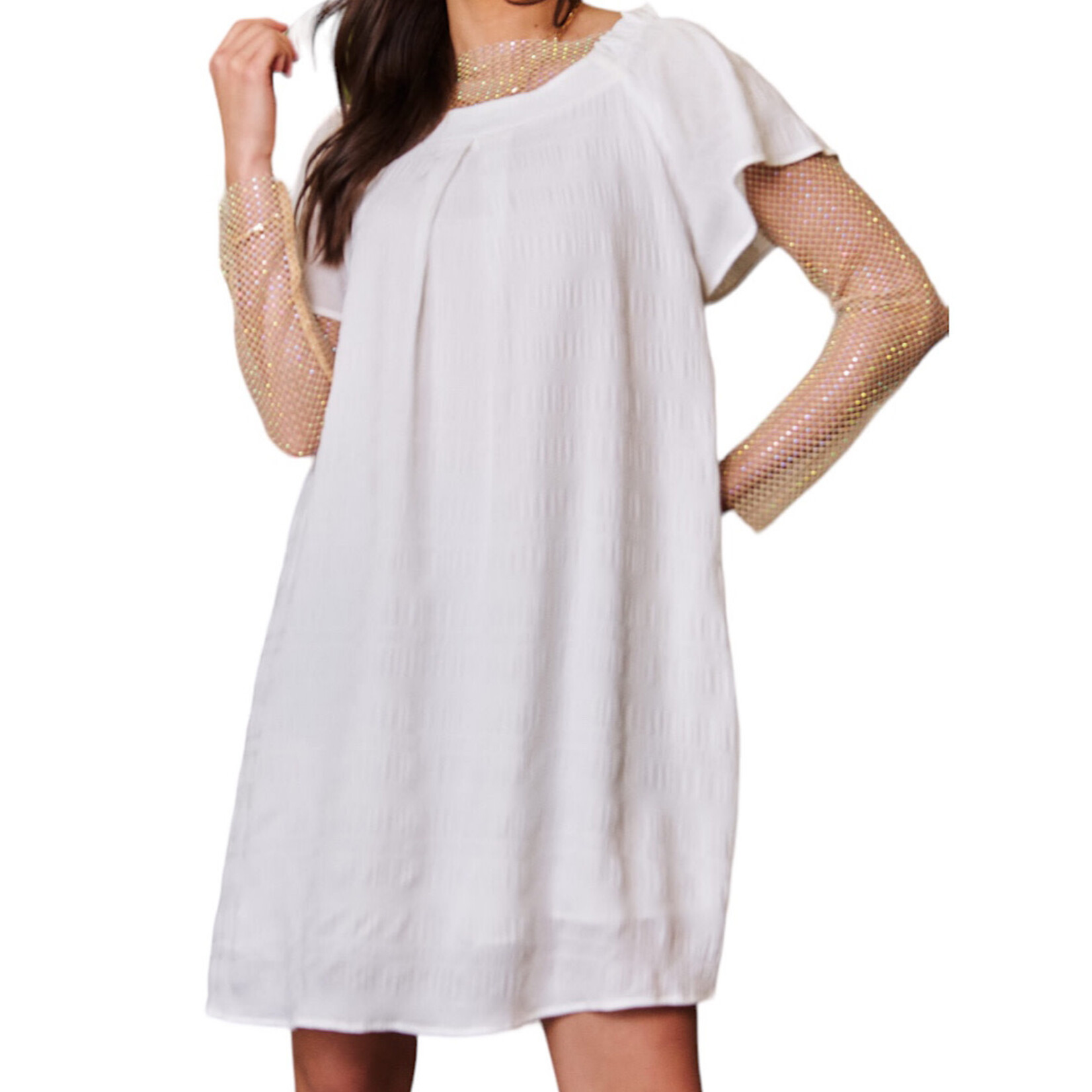 White Textured Ruffle Off Shoulder Shift Dress