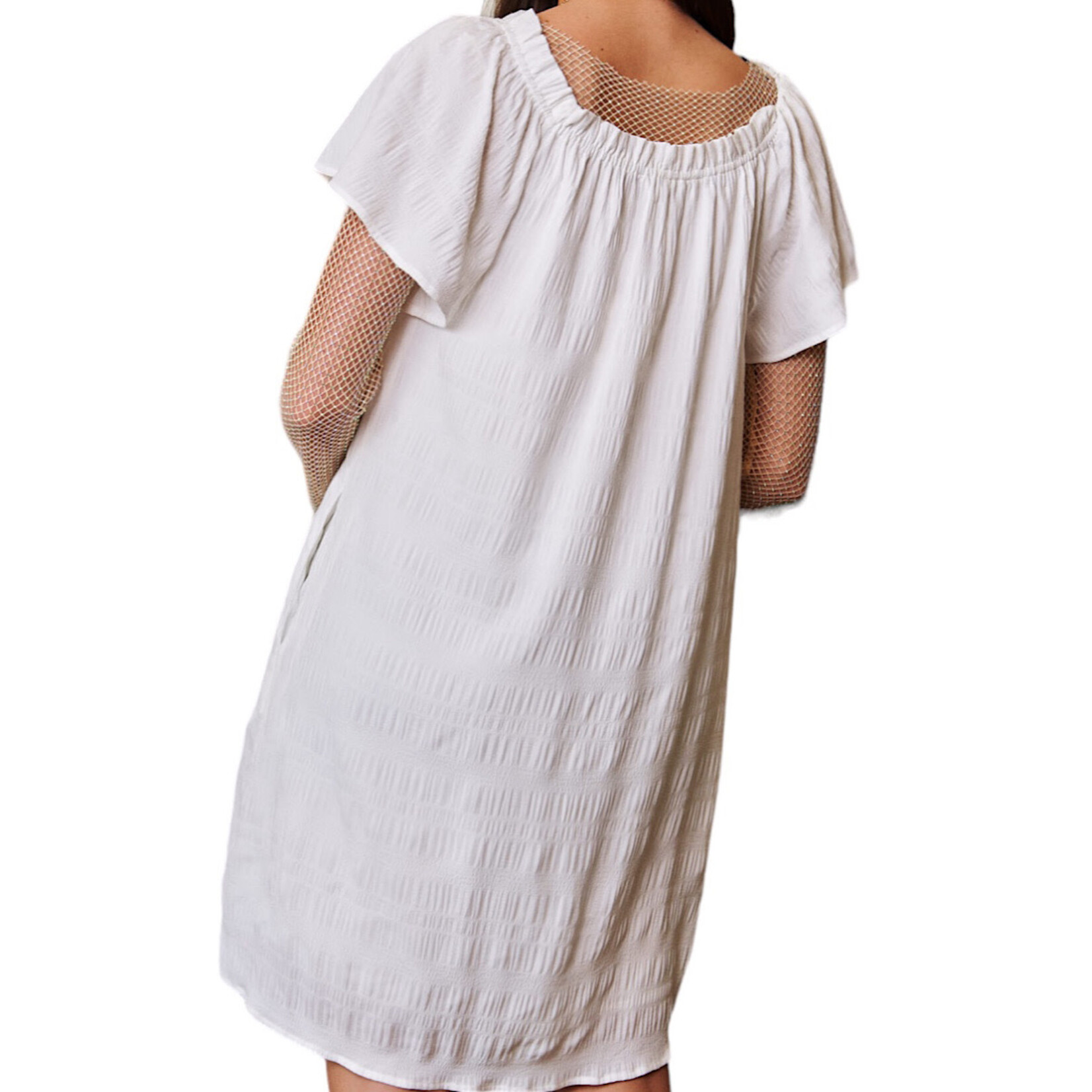 White Textured Ruffle Off Shoulder Shift Dress