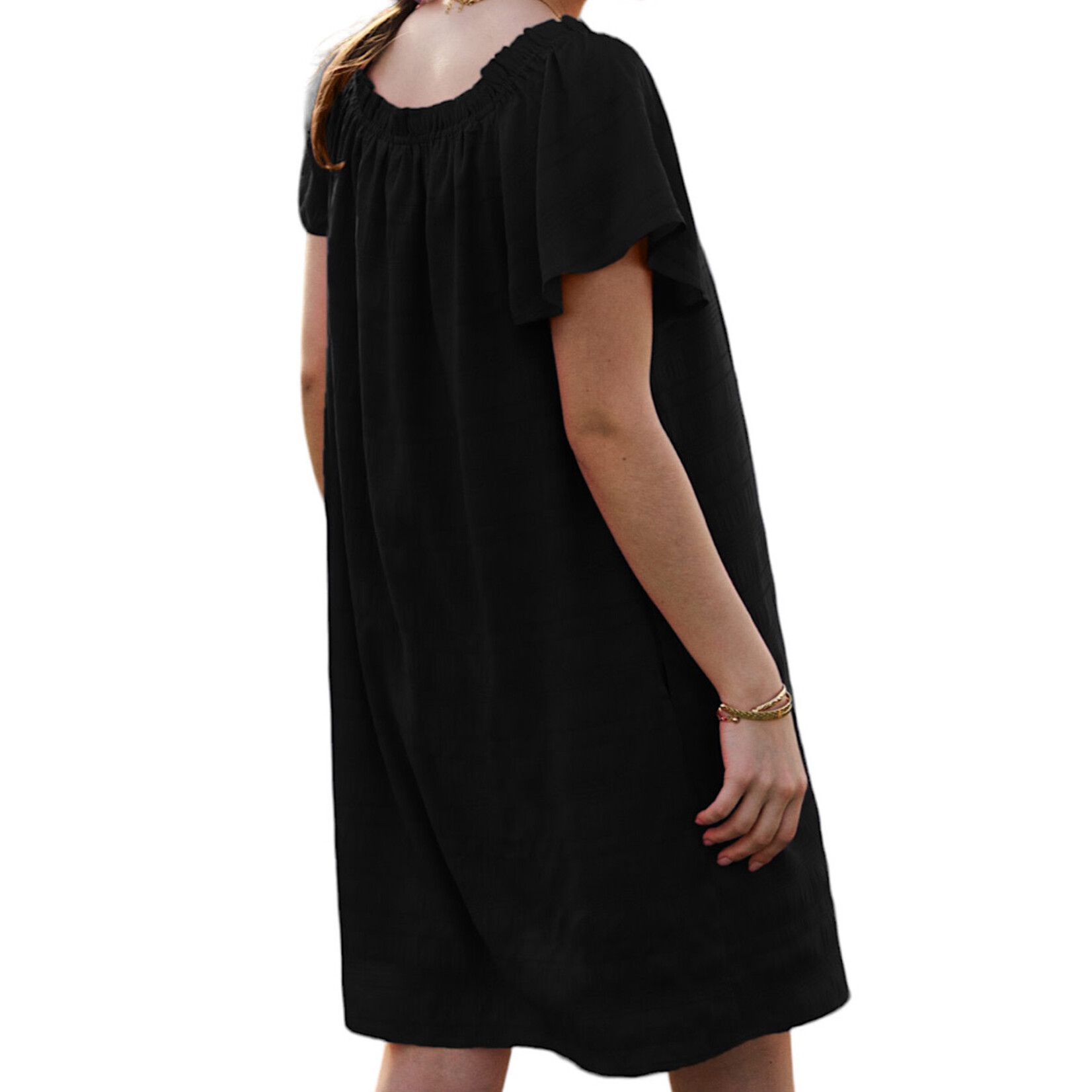 Plus Black Textured Ruffle Off Shoulder Shift Dress
