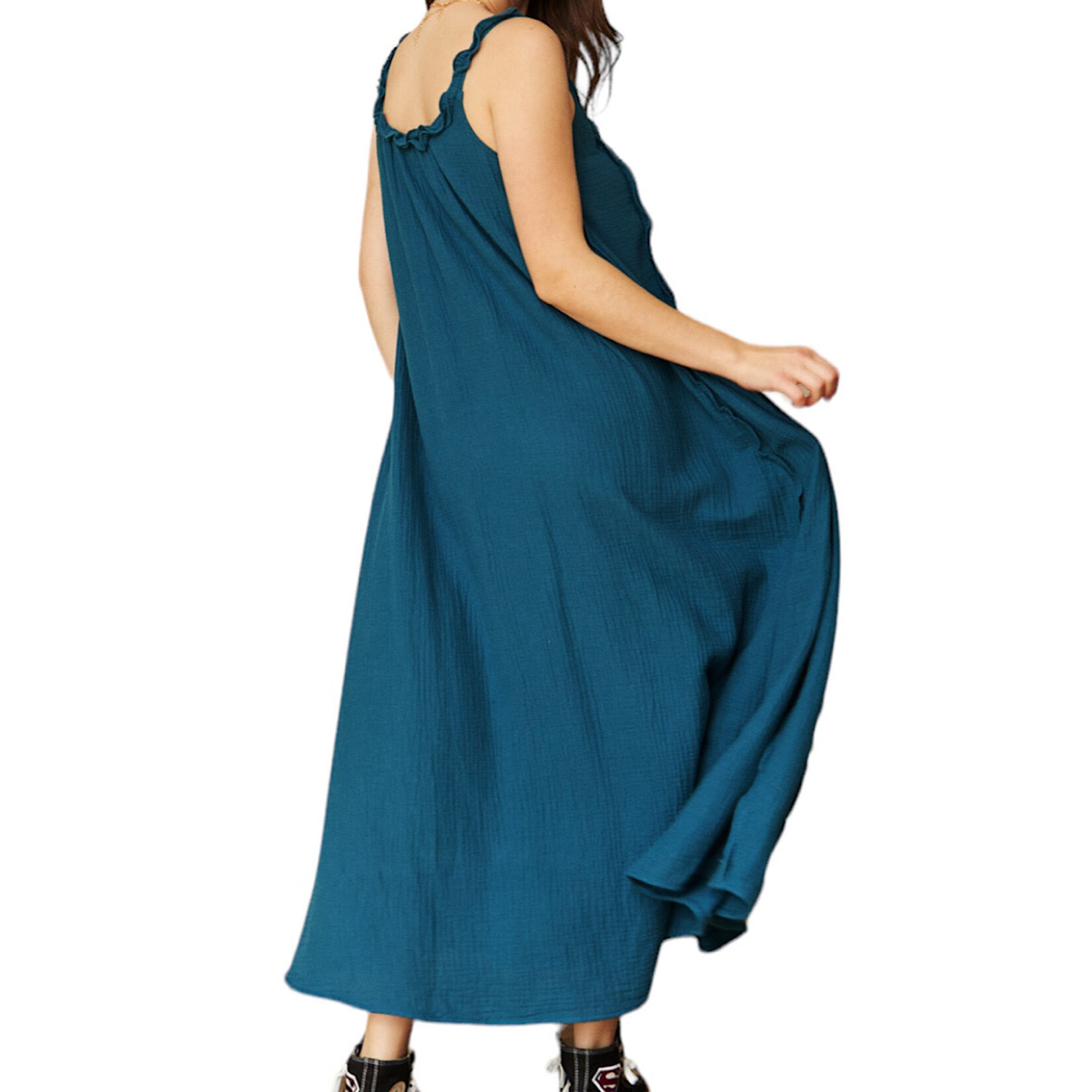 Teal Green Reverse Seam Ruffle Detail Midi Dress