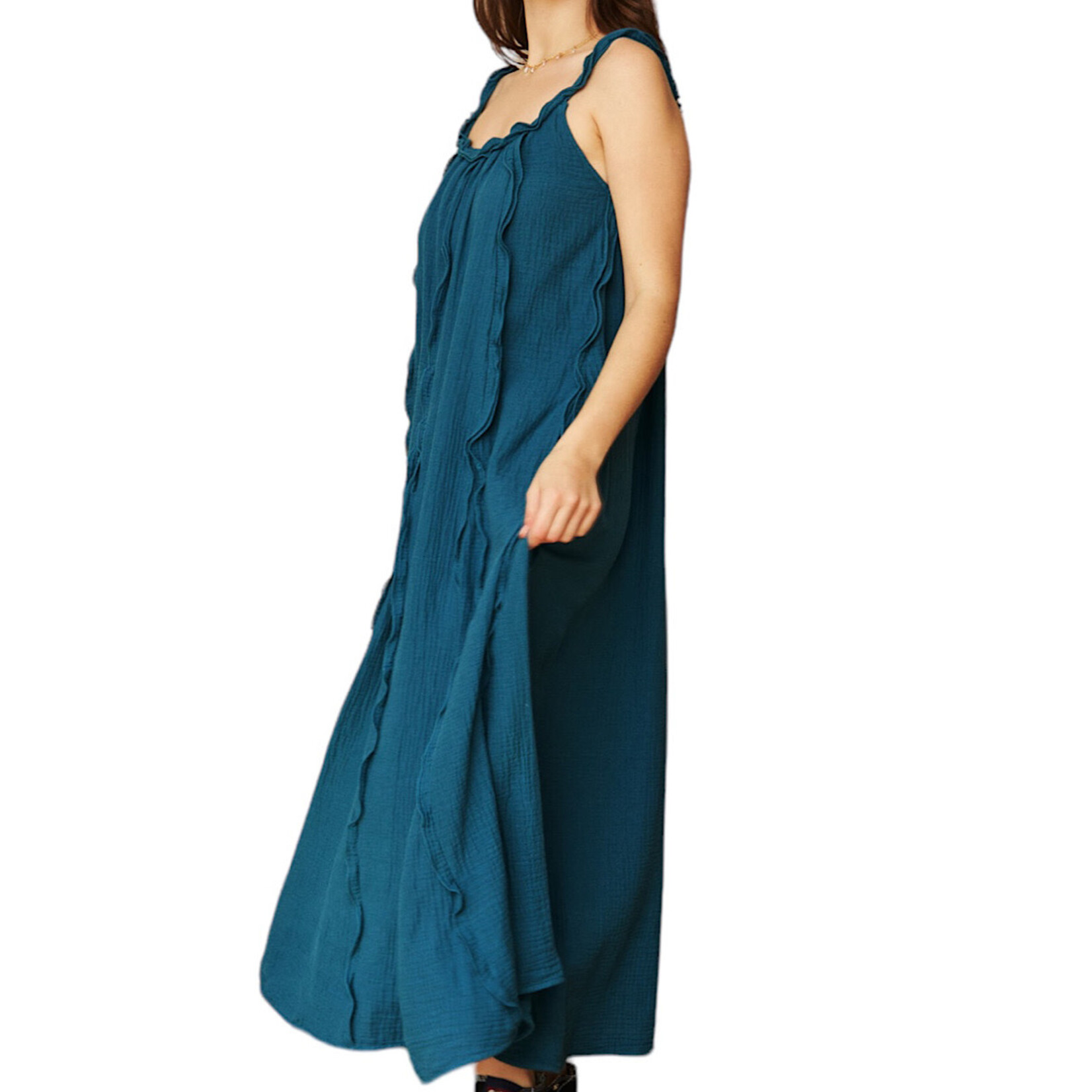 Teal Green Reverse Seam Ruffle Detail Midi Dress