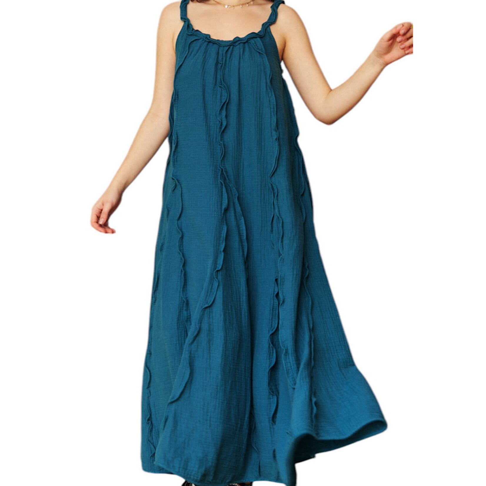 Teal Green Reverse Seam Ruffle Detail Midi Dress