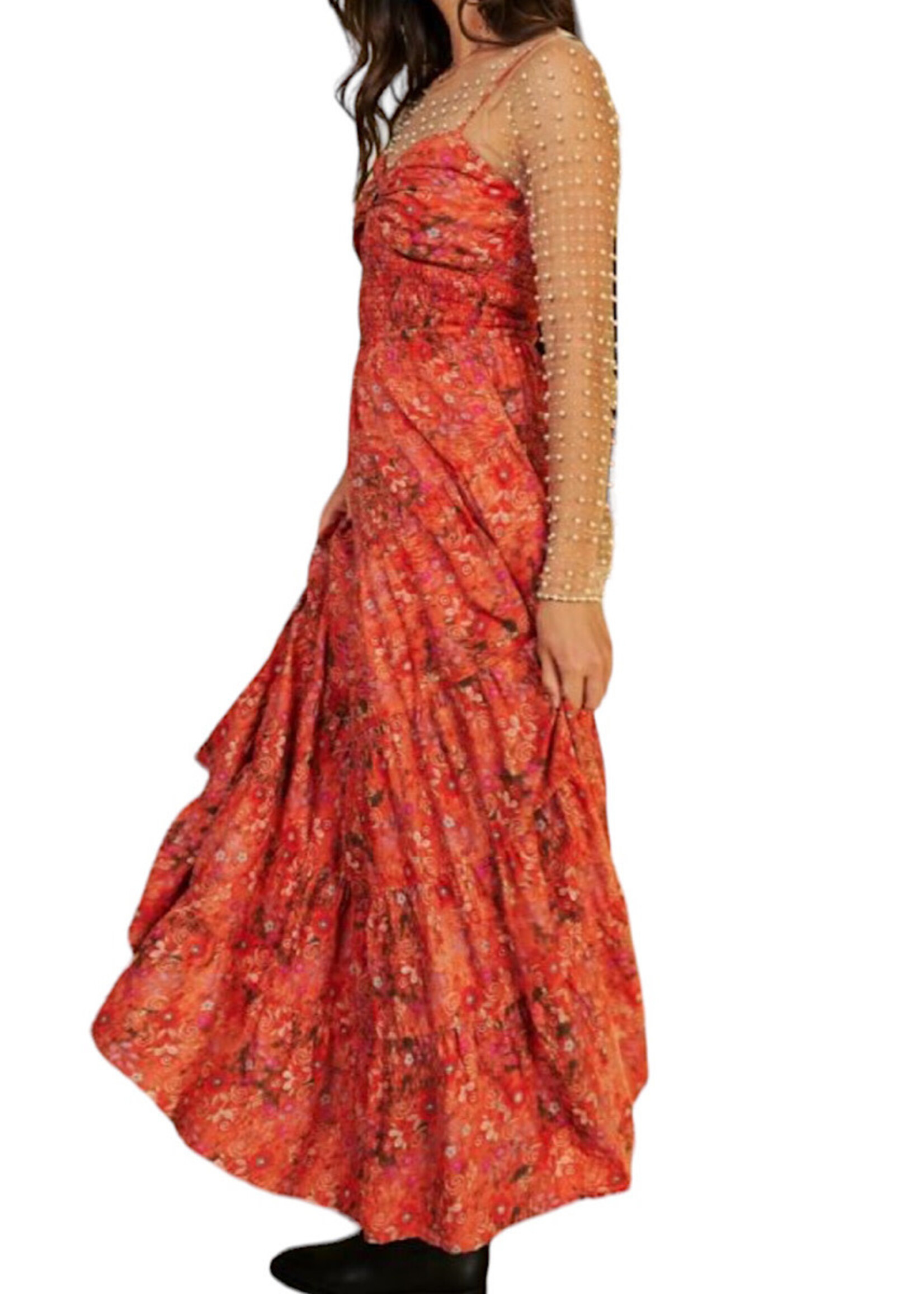 Coral Pink Ethnic Floral Print Tiered Maxi Dress