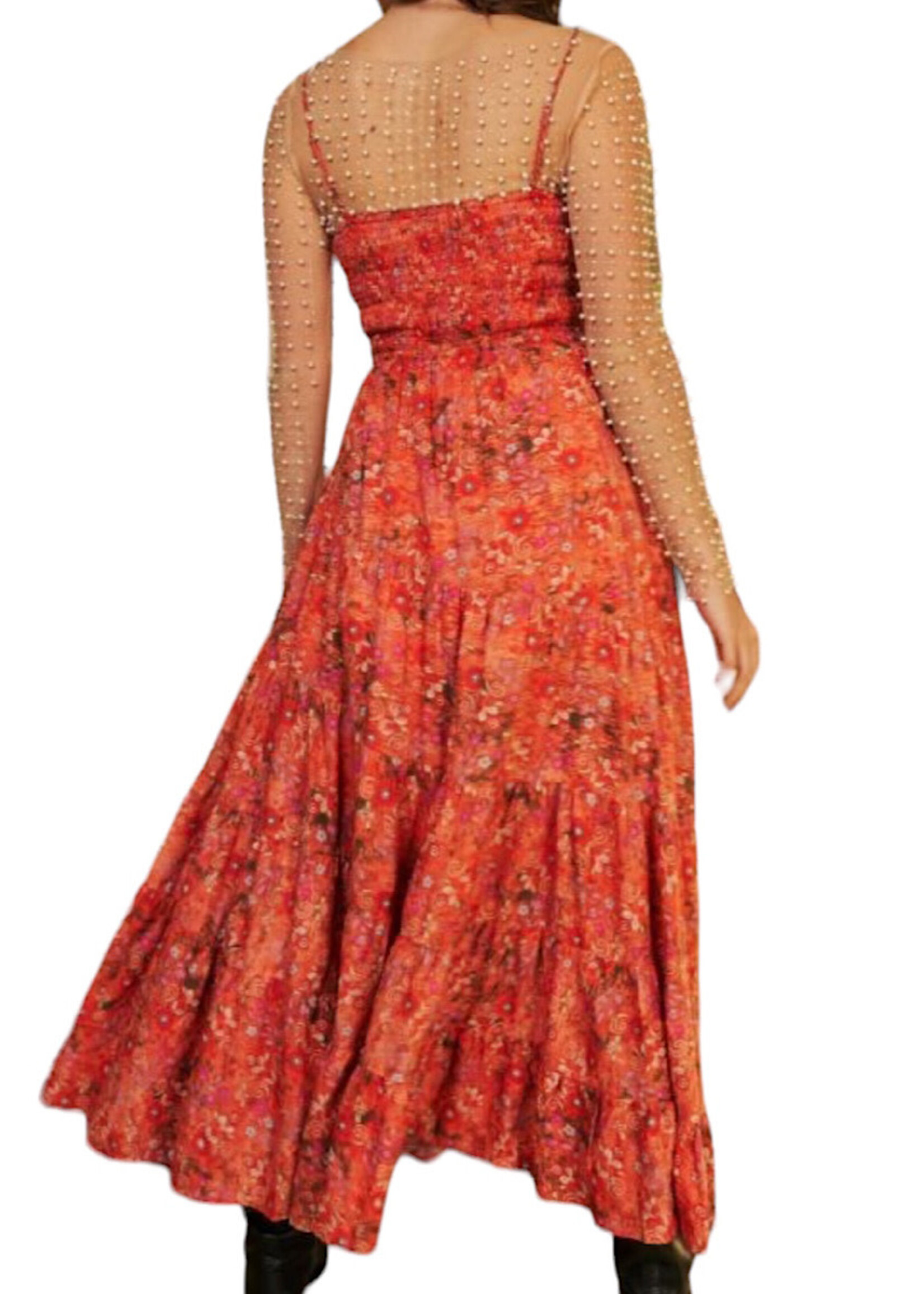 Coral Pink Ethnic Floral Print Tiered Maxi Dress