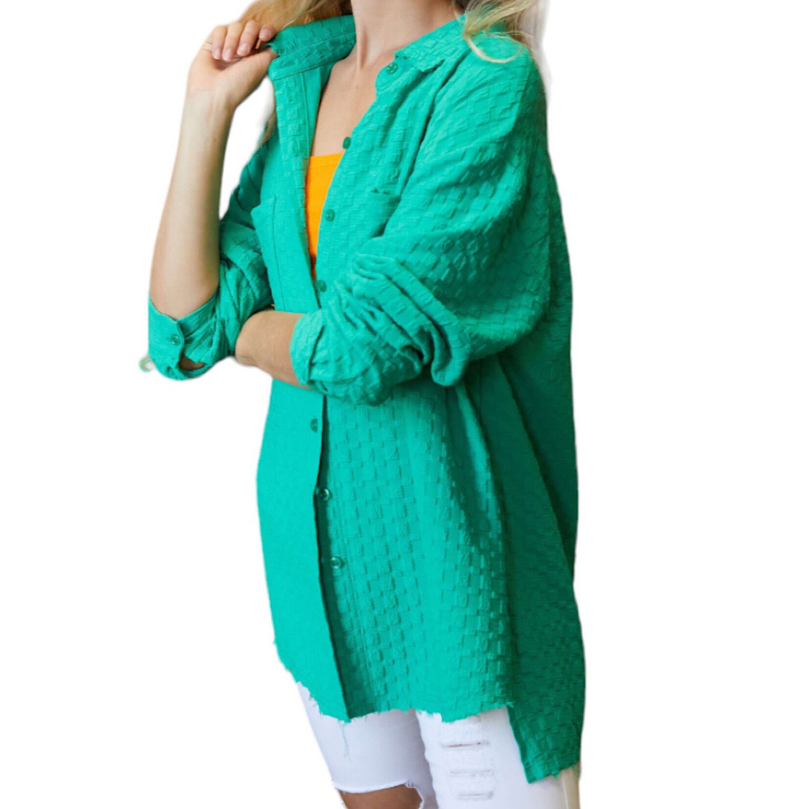 Plus Green Textured Button Down Shirt