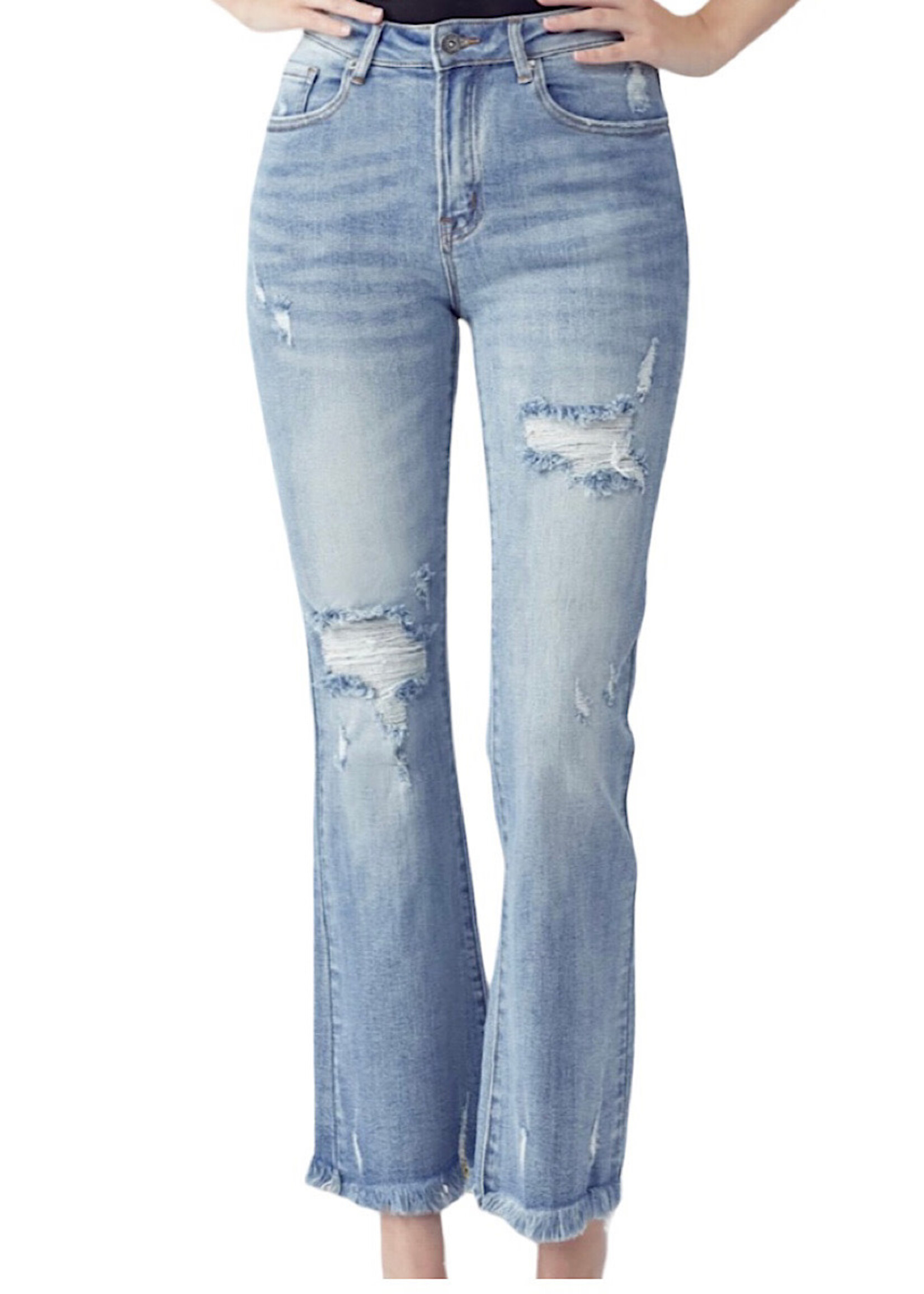 RDP1418 Light Mid Rise Distressed Ankle Flare Jeans