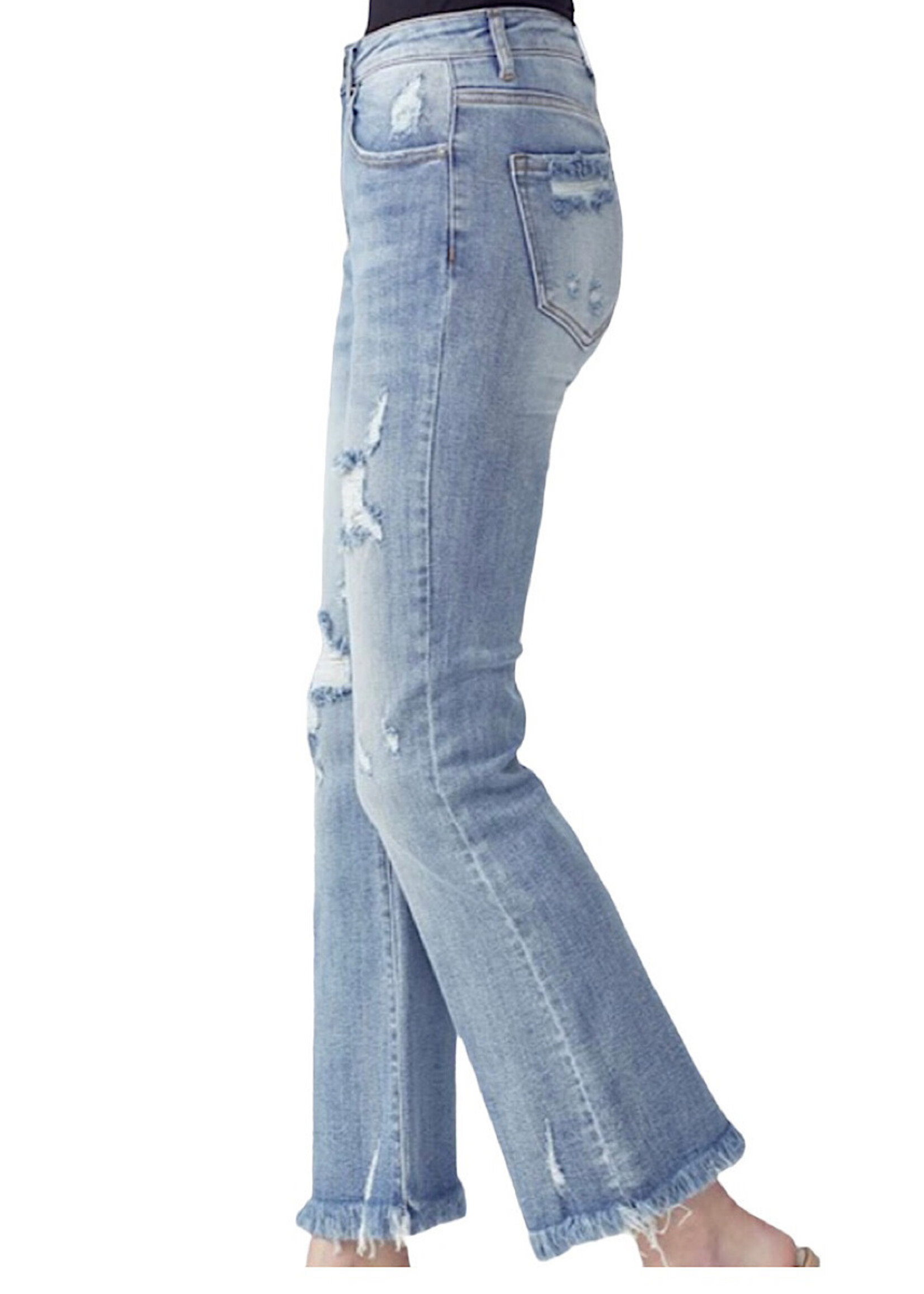 RDP1418 Light Mid Rise Distressed Ankle Flare Jeans