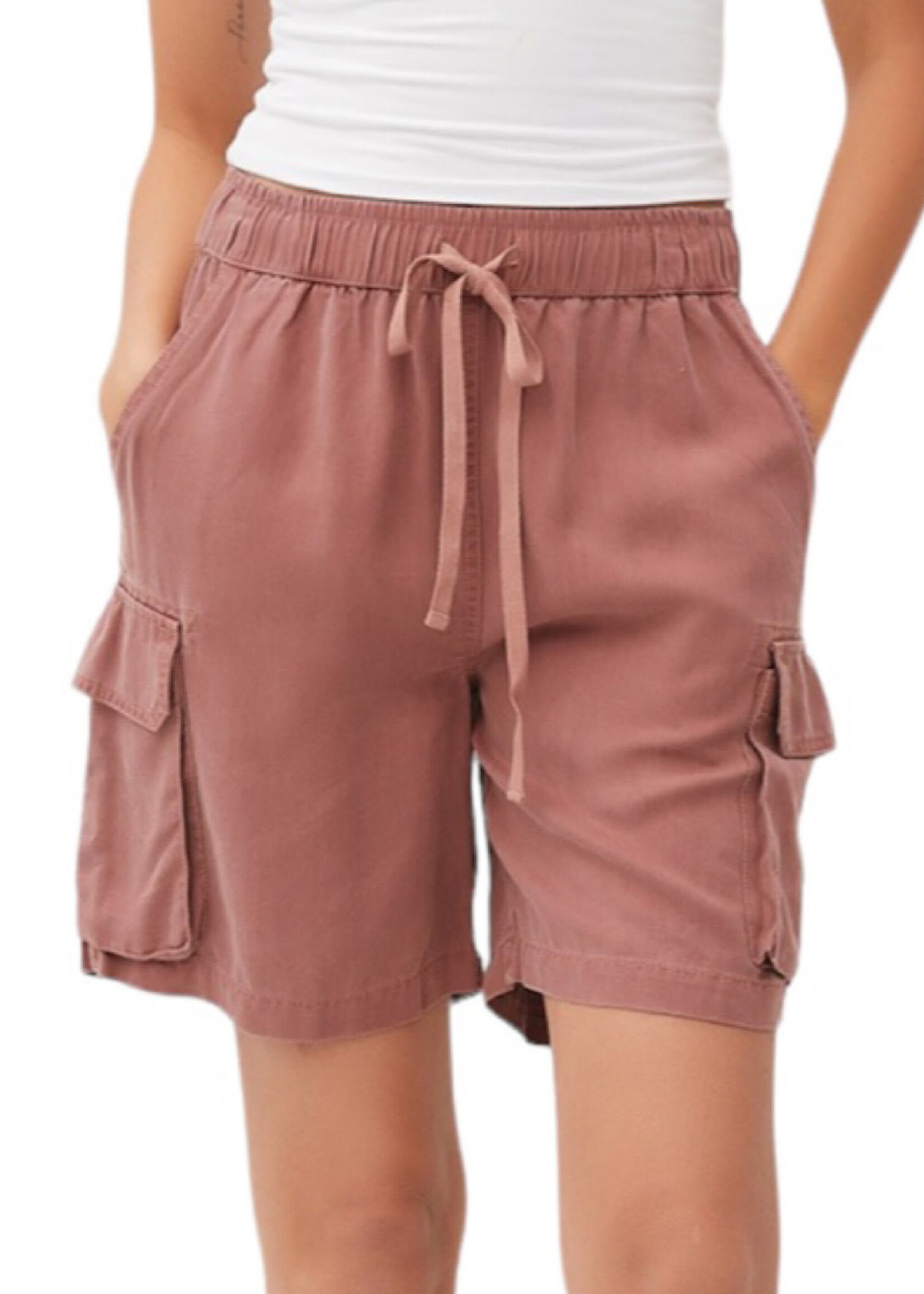 Tencel Shorts with Elastic Drawstring Waistline and Cargo Pockets