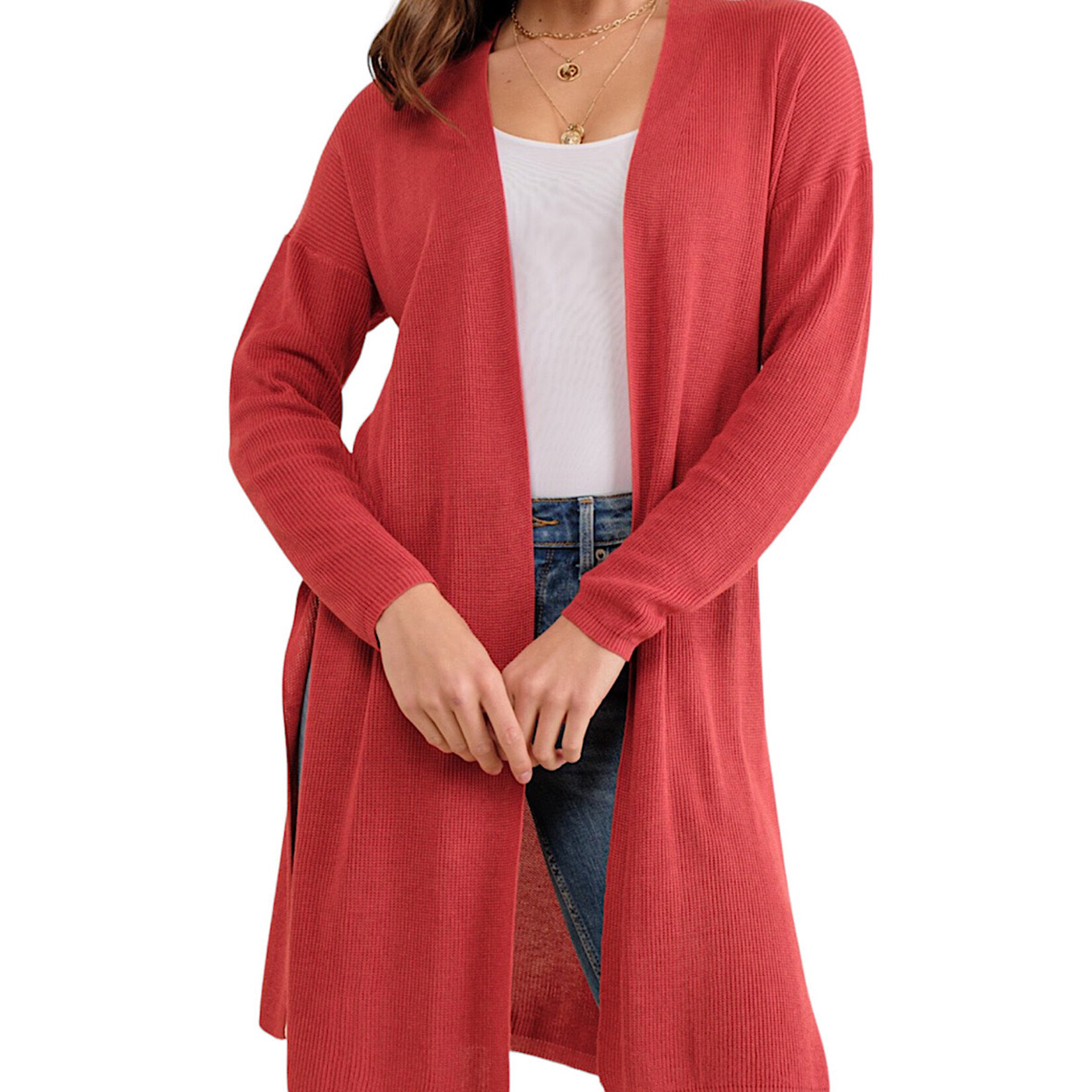 Coral Knit Cardigan with High Side Slit