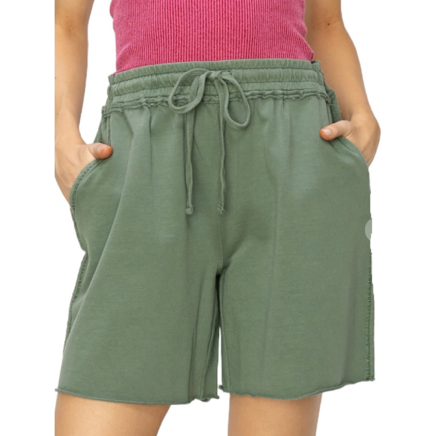 Gray Green Mid Rise Raw Edge Drawstring Shorts