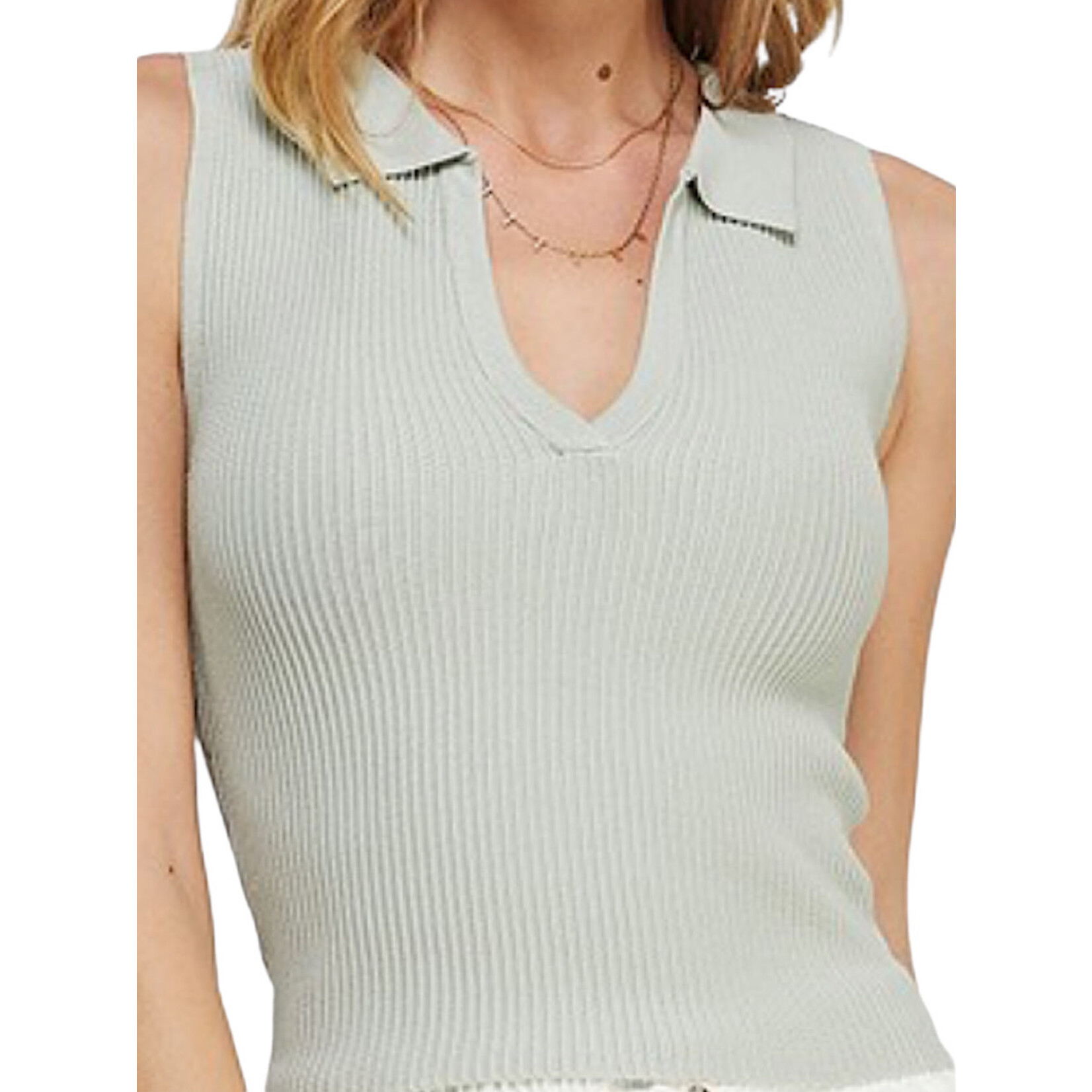 Light Sage Collared V Neck In Techno Ribbed Tank