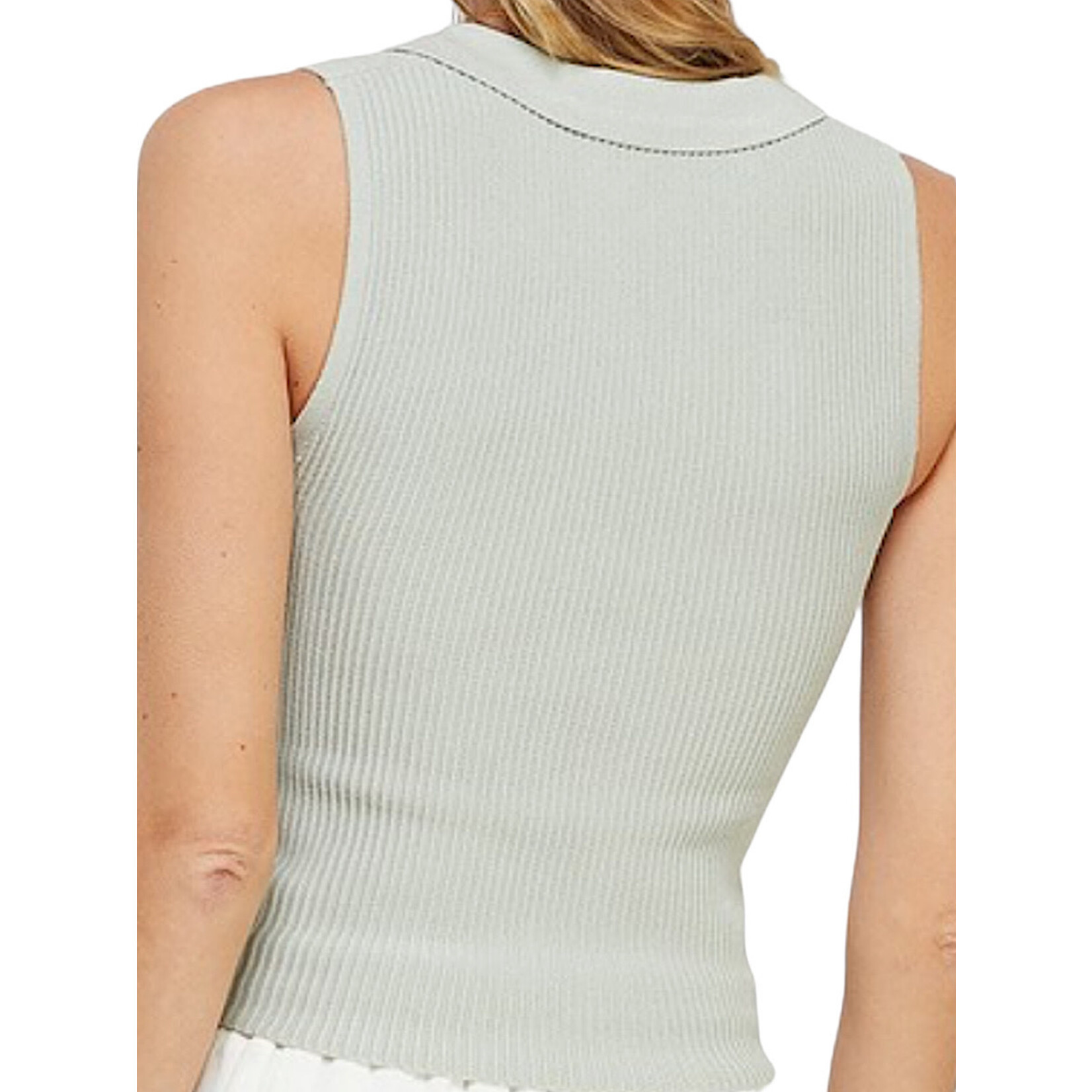 Light Sage Collared V Neck In Techno Ribbed Tank