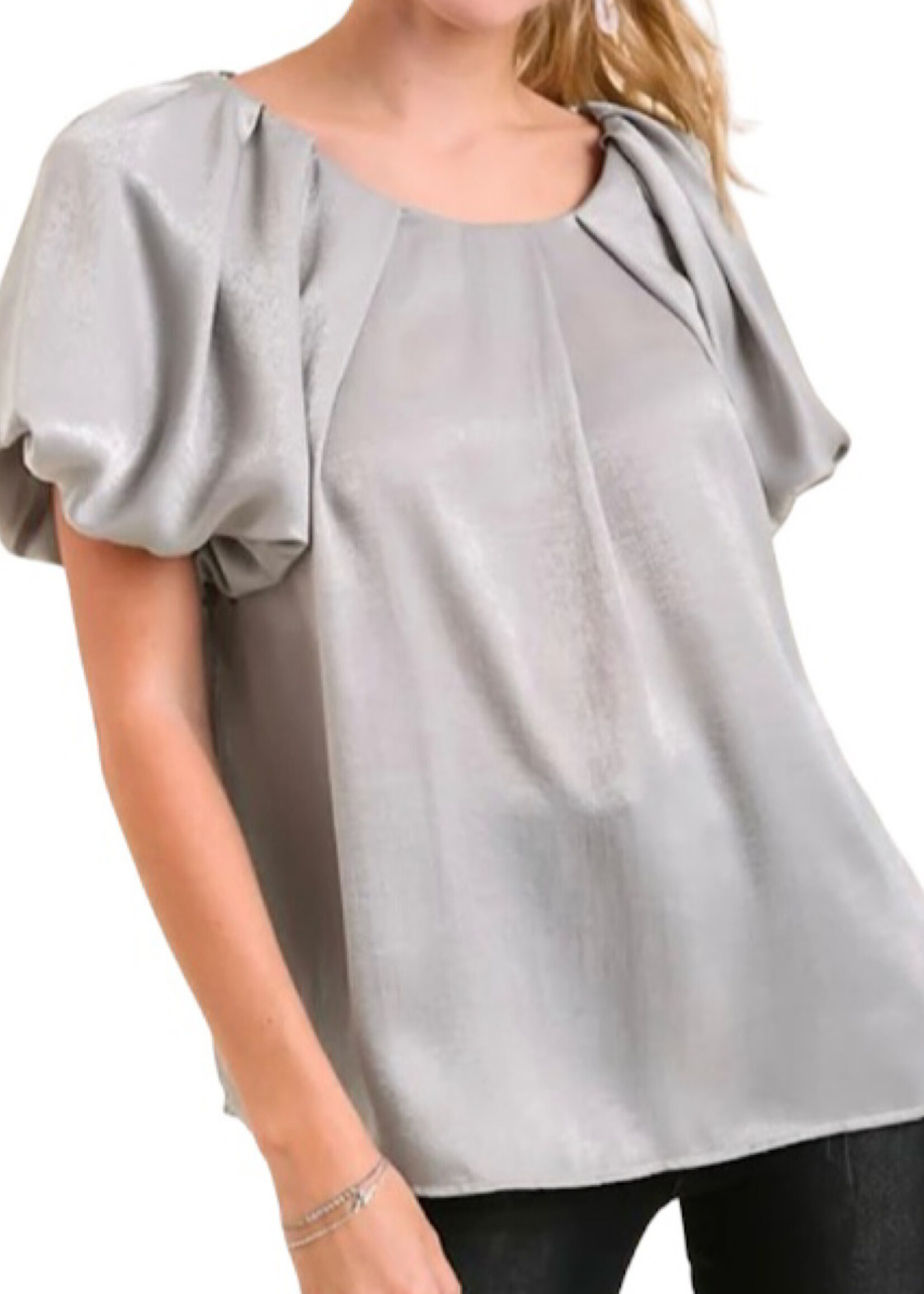 Cool Grey Satin Shimmer Round Neck Puff Sleeve Top