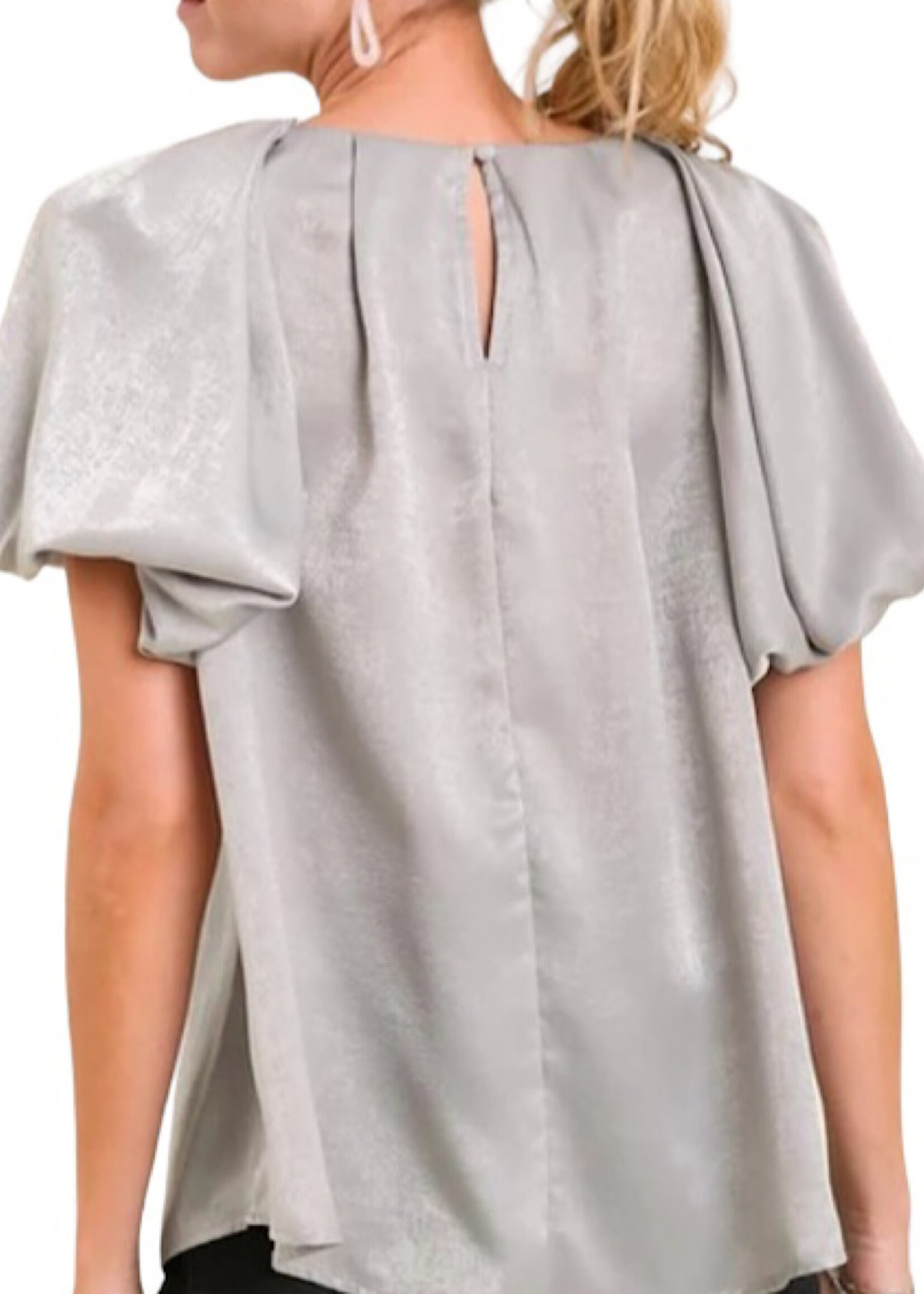 Cool Grey Satin Shimmer Round Neck Puff Sleeve Top
