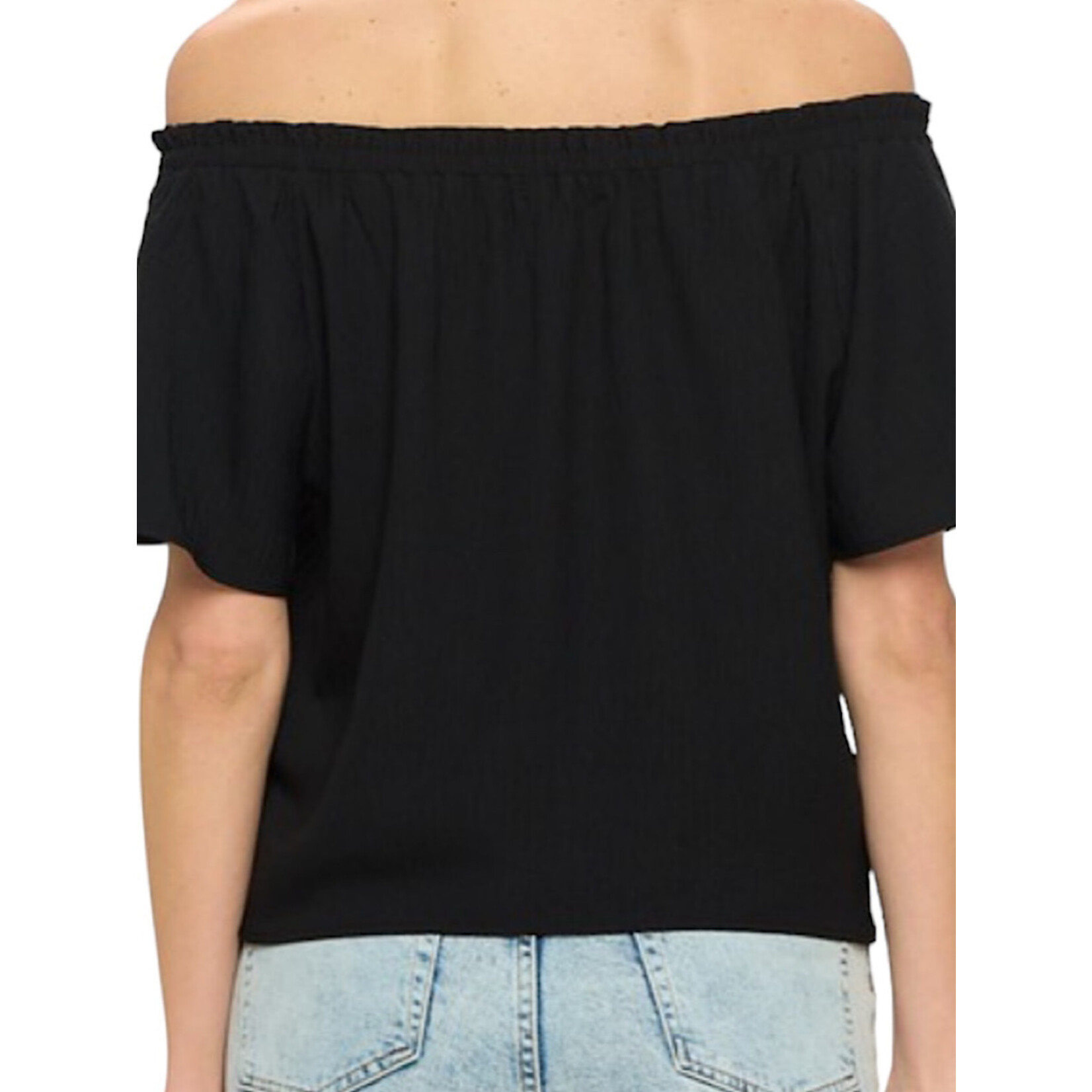 Black Short Sleeve Off Shoulder Woven Top