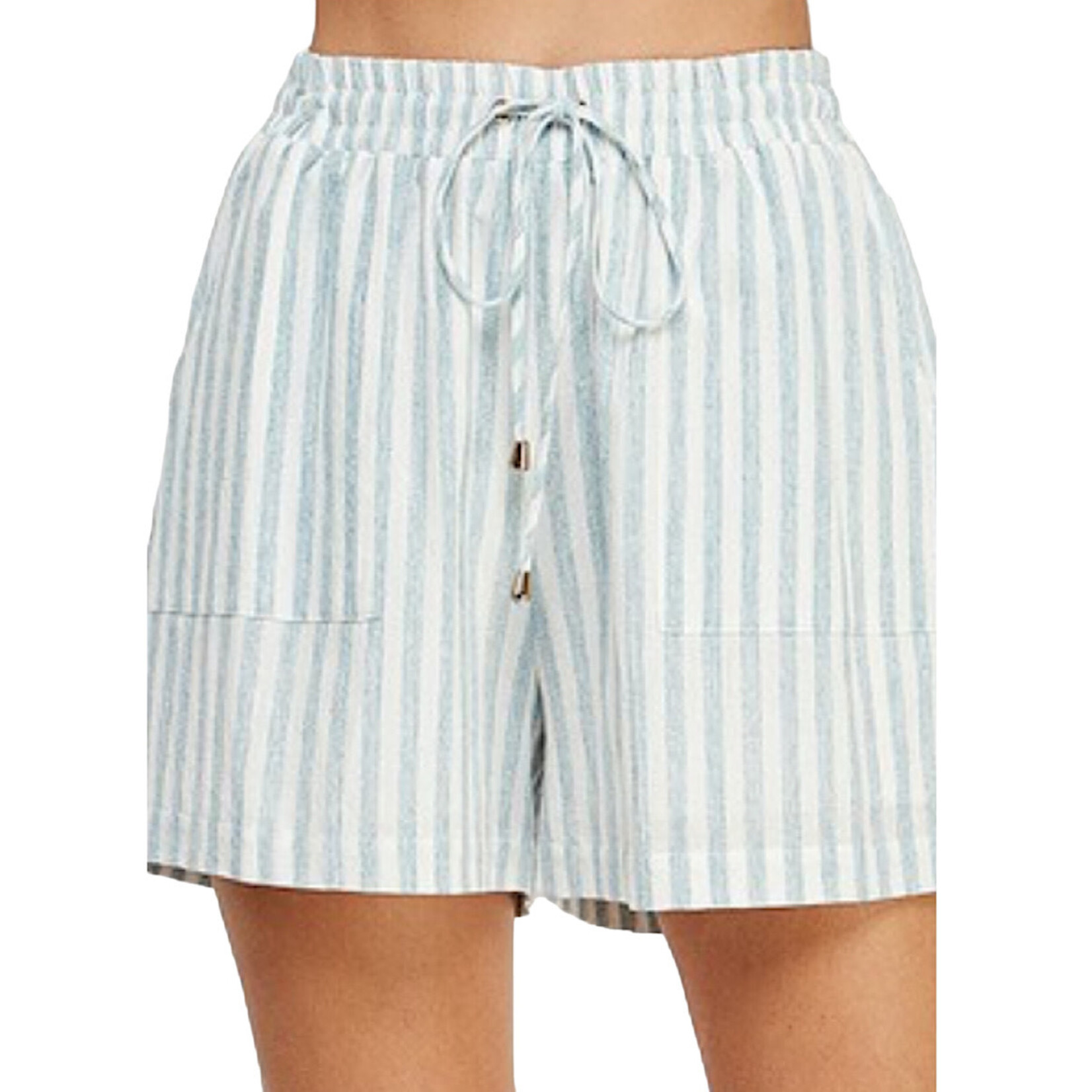 Soft Blue Striped Soft Linen Shorts with Elastic Tie Waist