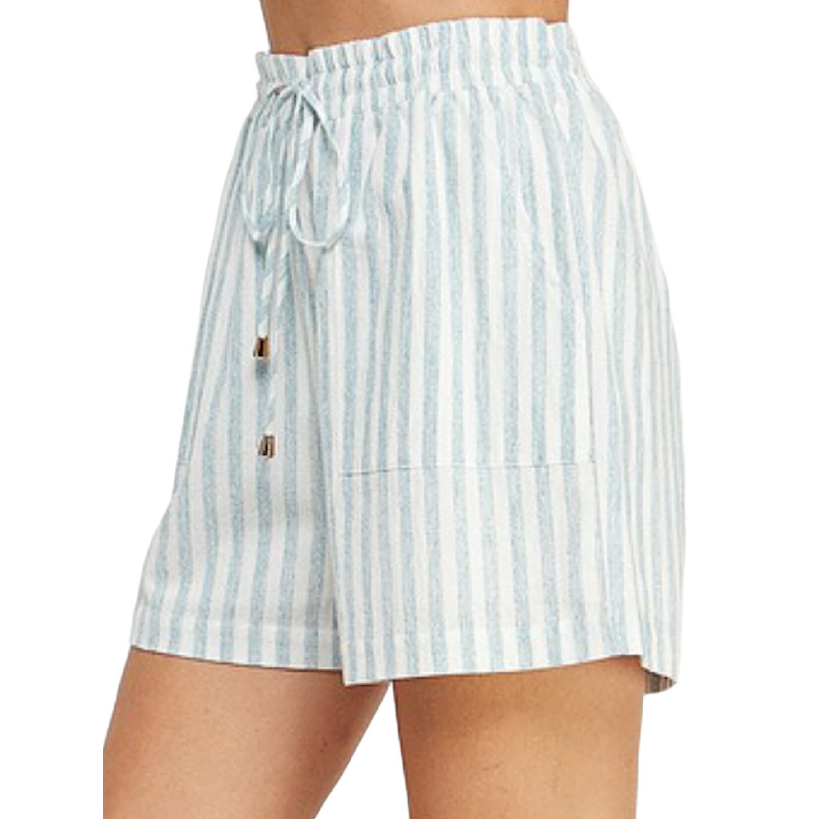 Soft Blue Striped Soft Linen Shorts with Elastic Tie Waist