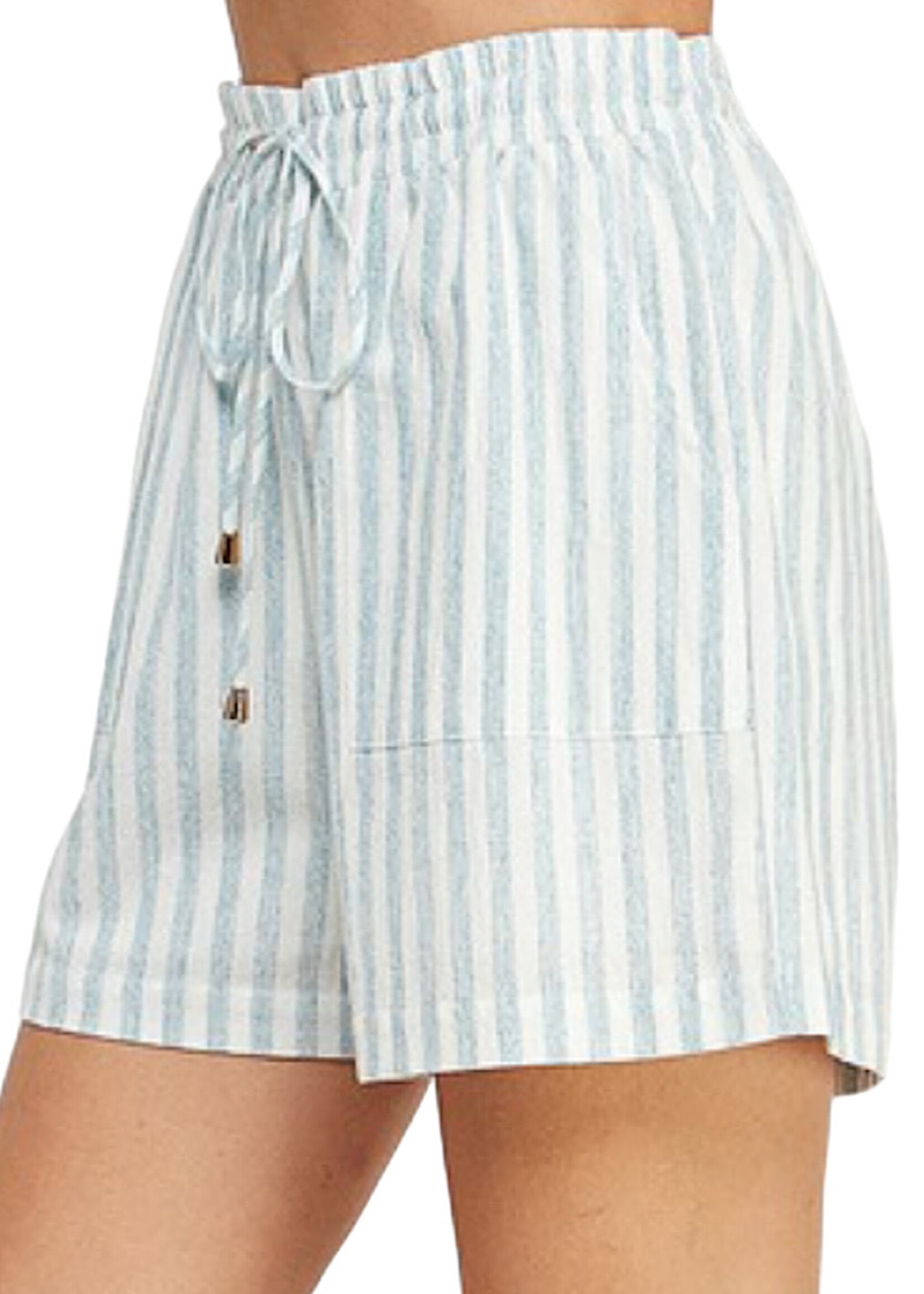 Soft Blue Striped Soft Linen Shorts with Elastic Tie Waist