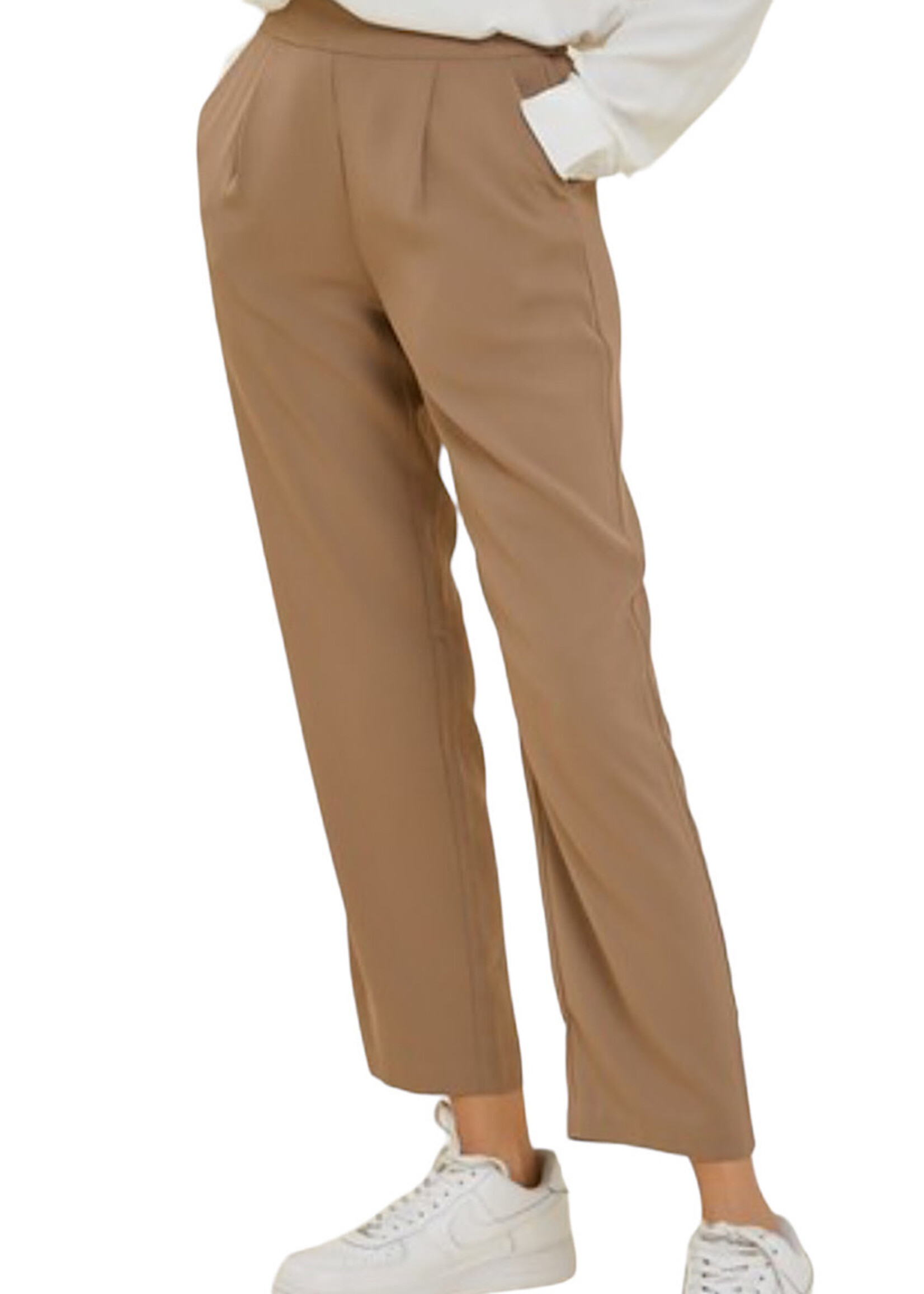 Mocha Mid Rise Pant with Elastic Waist and Side Pockets