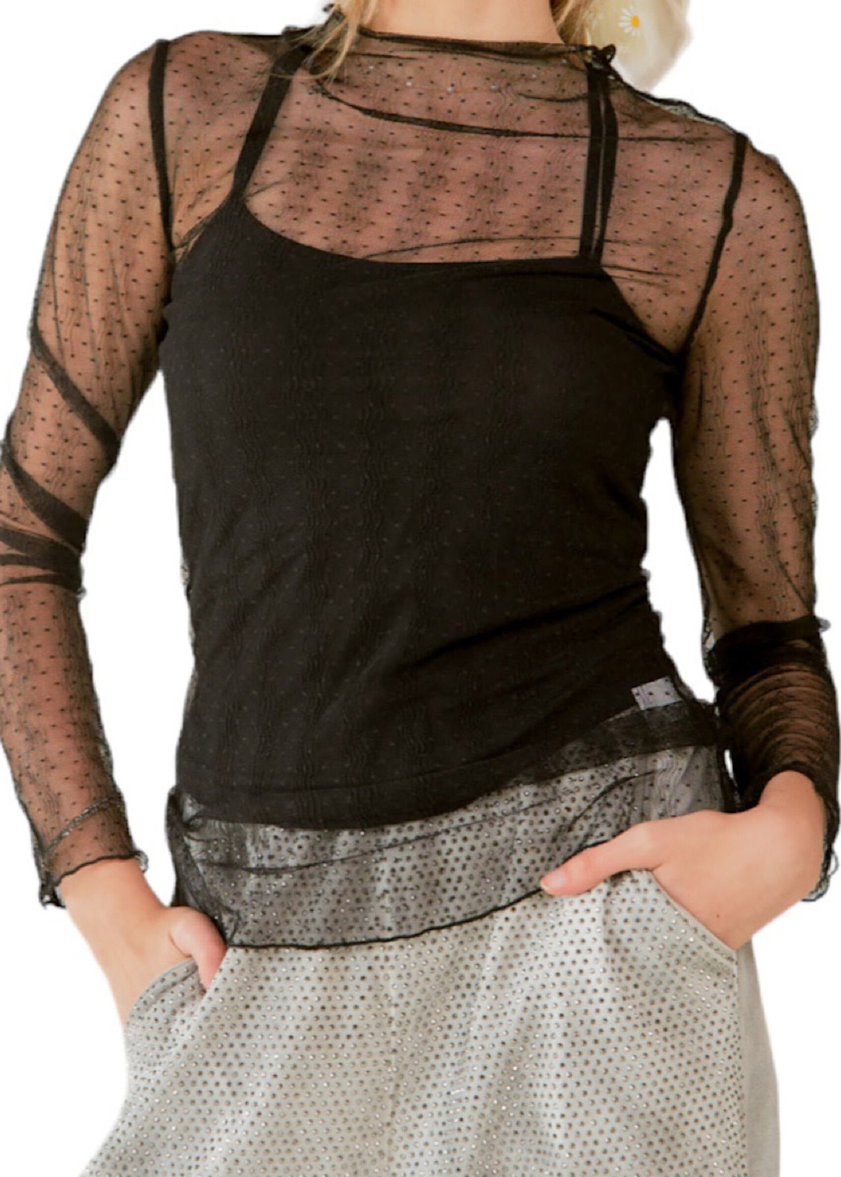 Black Turtle Neck Sheer Lace Dotted Top