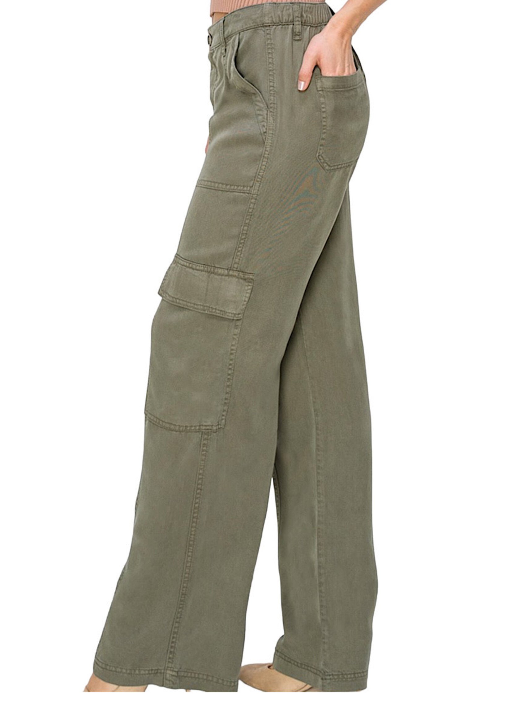 RISEN RDP5705 Olive Tencel Wide Leg Cargo Pants