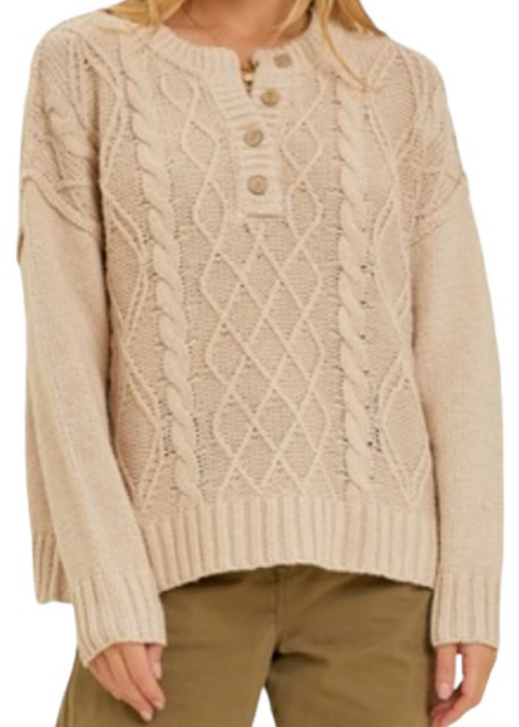 Oatmeal Buttoned Cable Knit Sweater