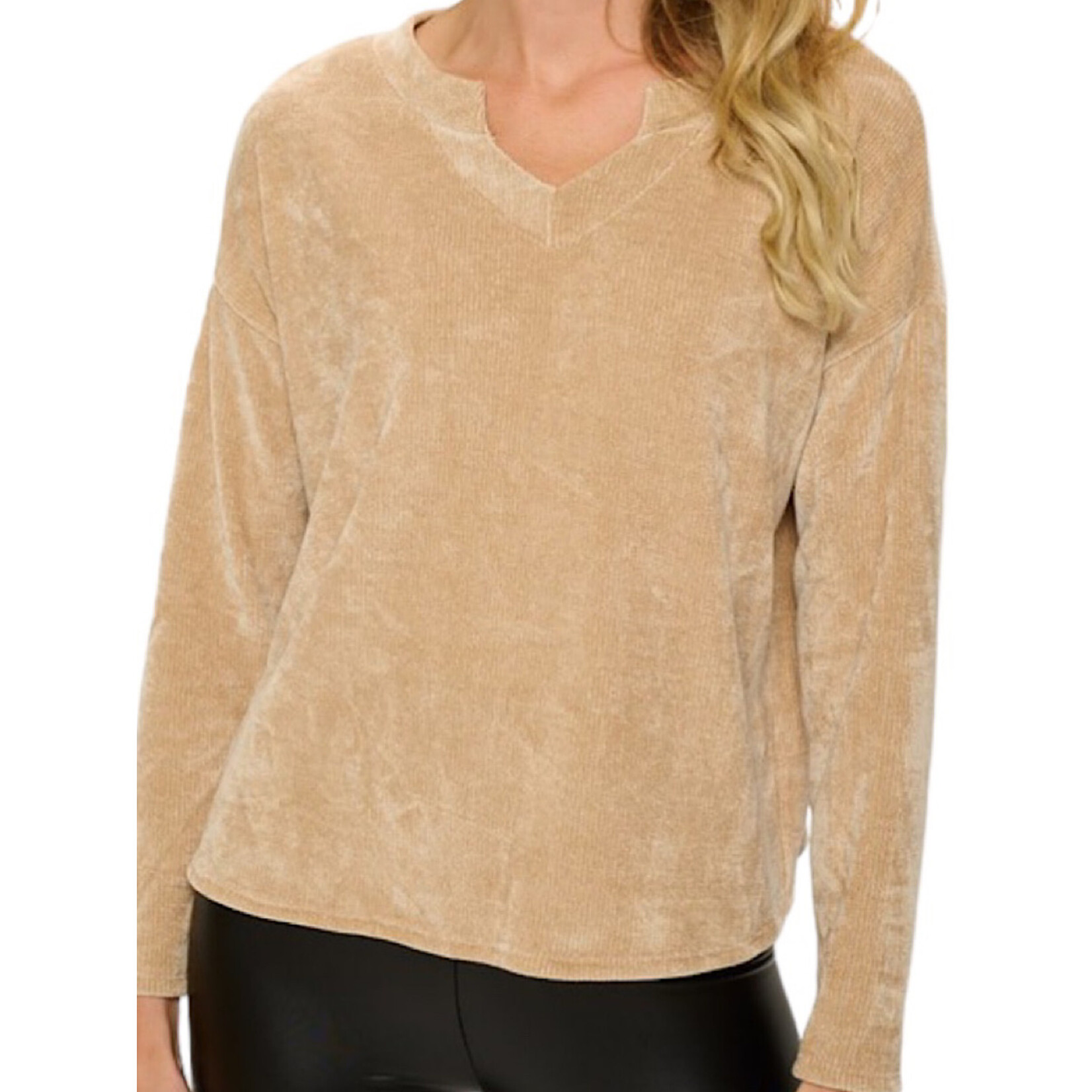 Taupe Round V Neck Long Sleeve Top