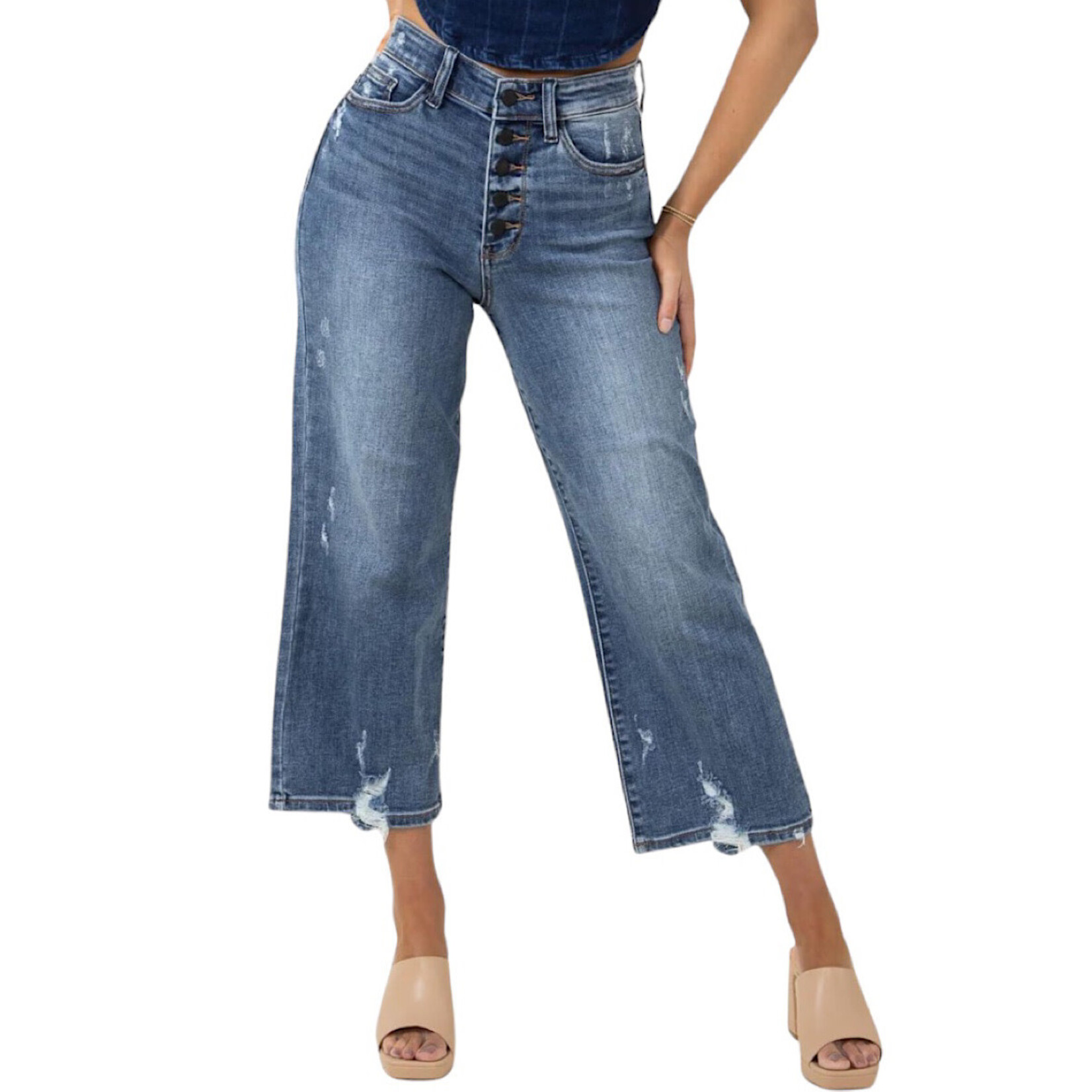 Judy Blue Judy Blue JB82509 Medium Wash H/W Button Fly Wide Leg Crop with Destroy