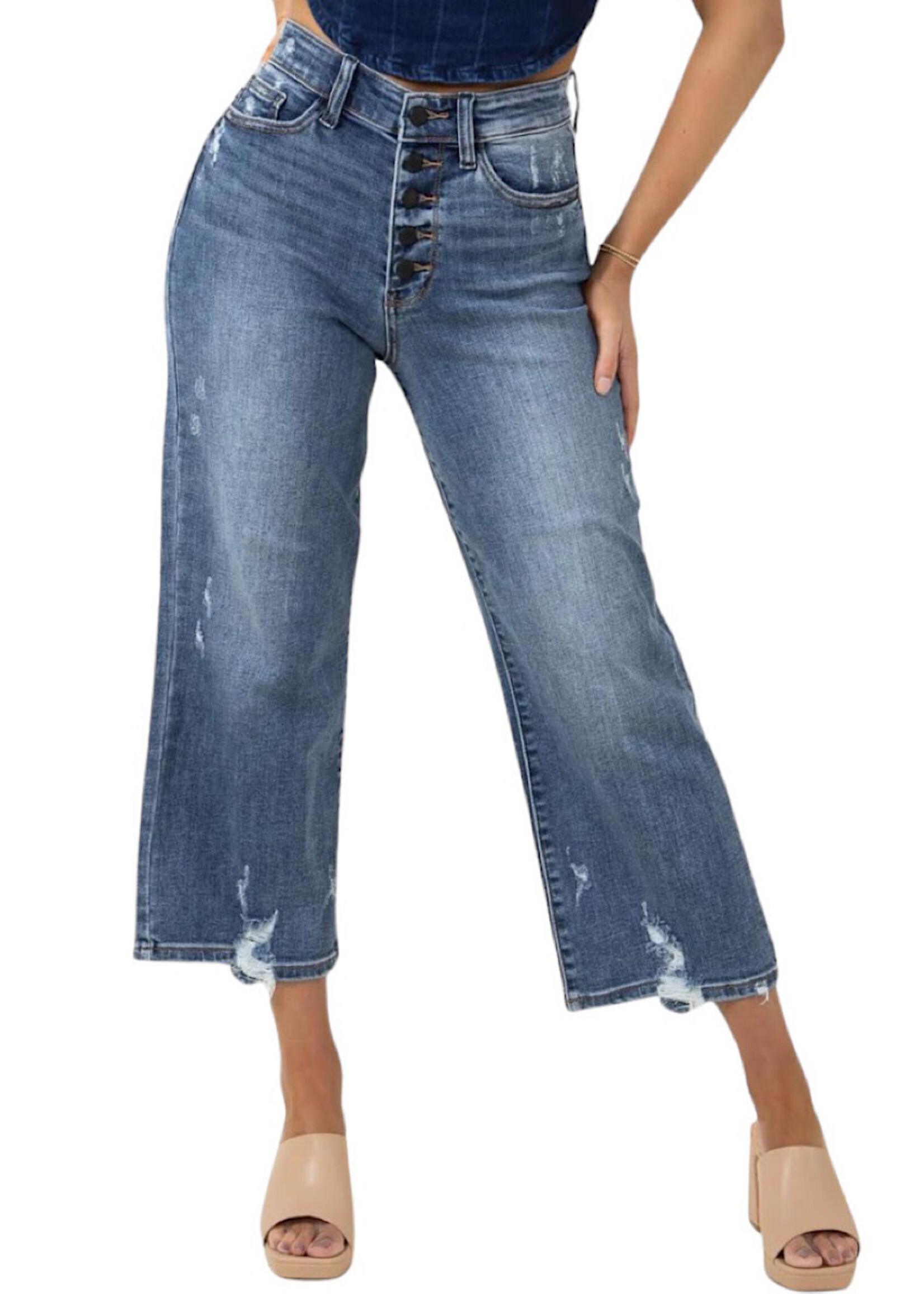 Judy Blue Judy Blue JB82509 Medium Wash H/W Button Fly Wide Leg Crop with Destroy