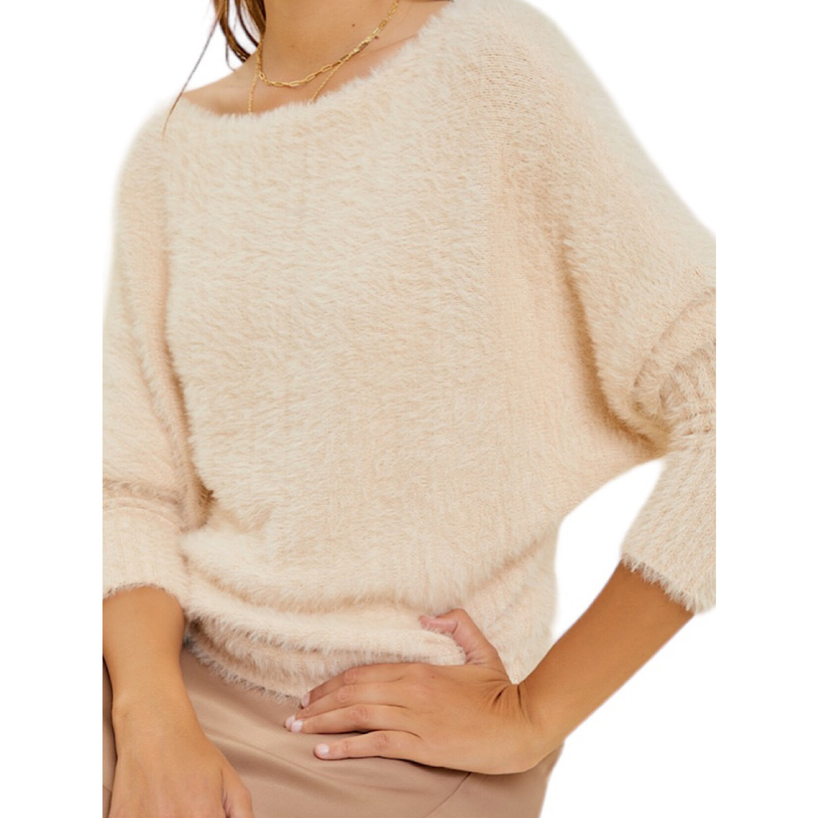 Beige Lurex Fuzzy Puff Sleeve Sweater