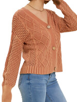 Baked Clay Washed Cable Knit Button Down Crop Cardigan