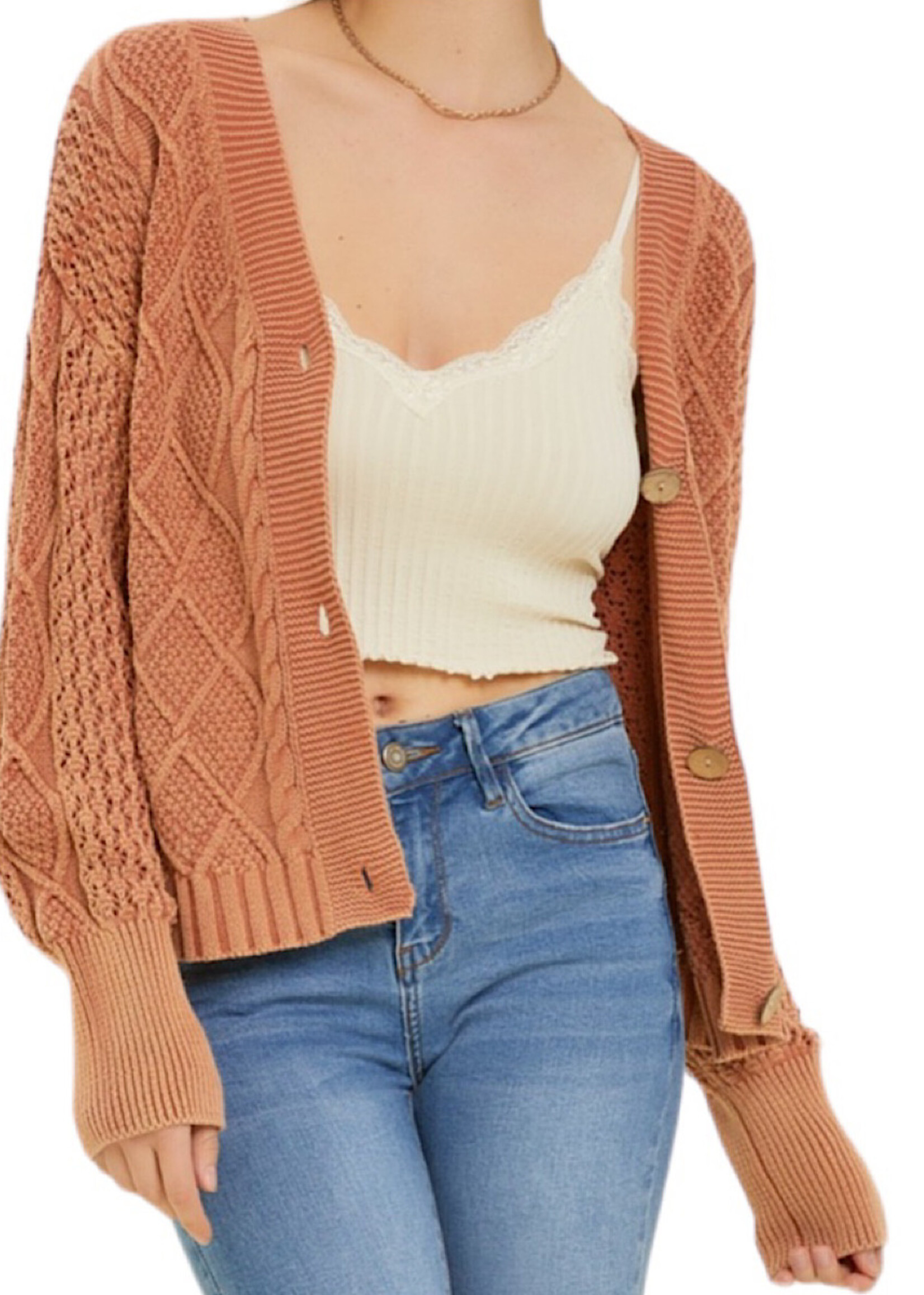 Baked Clay Washed Cable Knit Button Down Crop Cardigan