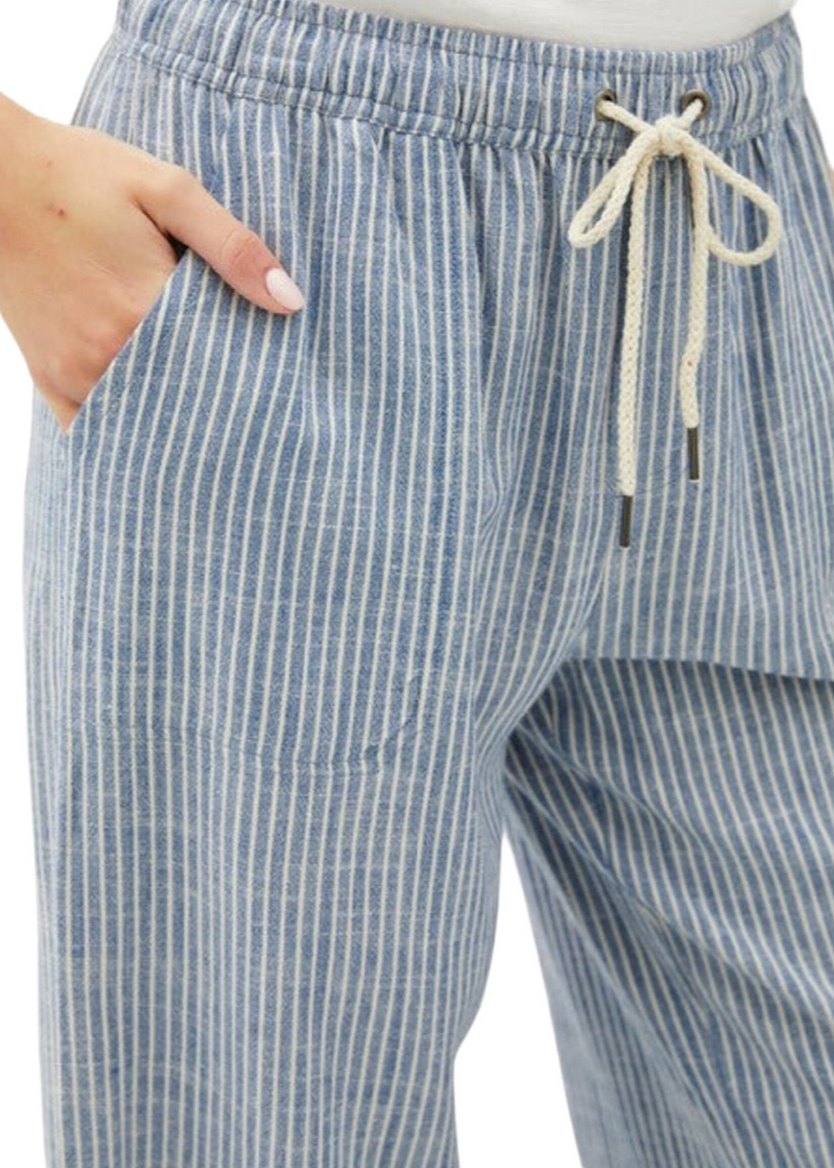 Denim Pinstripe Print Drawstring Elastic Waist Linen Pant