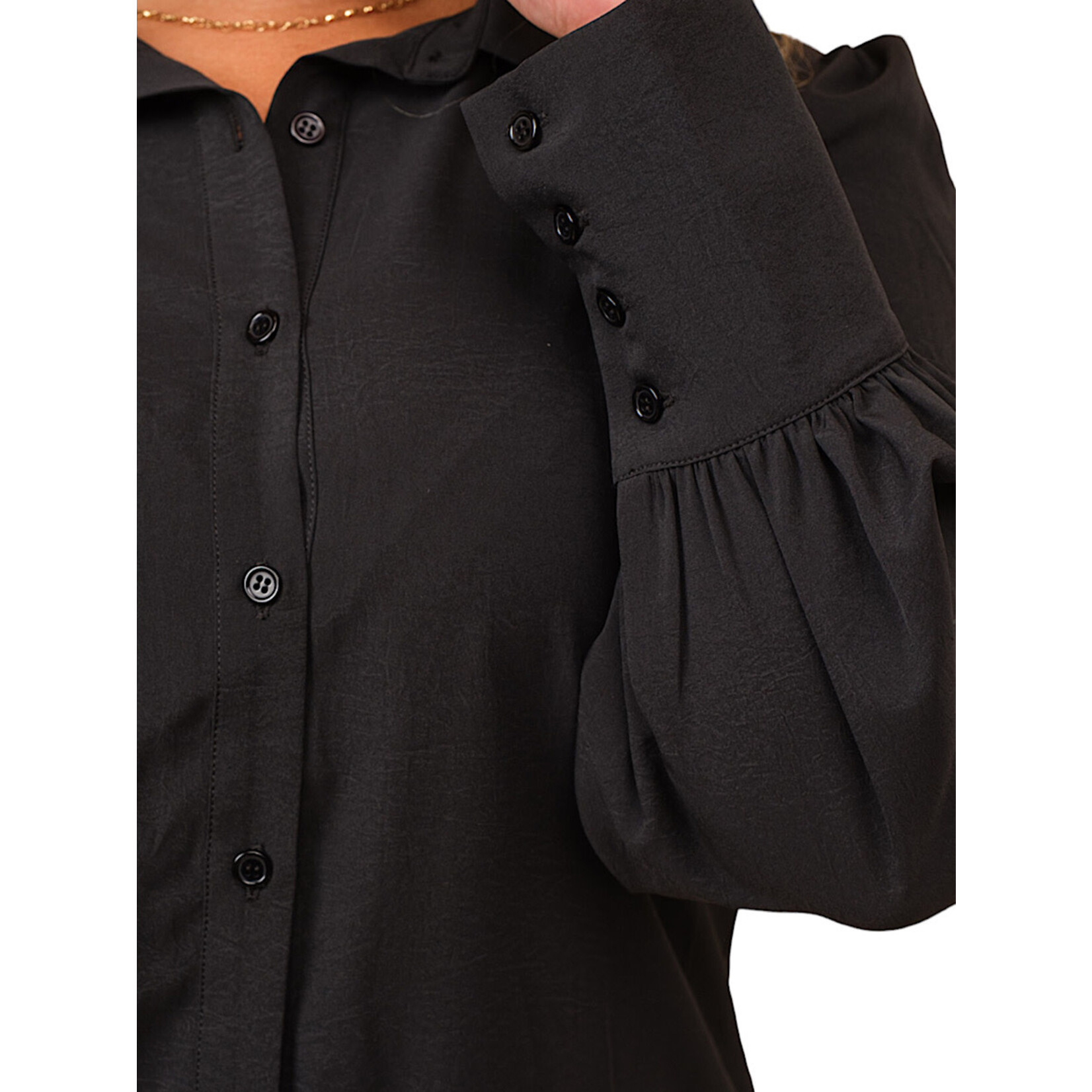 Plus Black Long Cuff Lantern Puff Sleeve Button Down Blouse