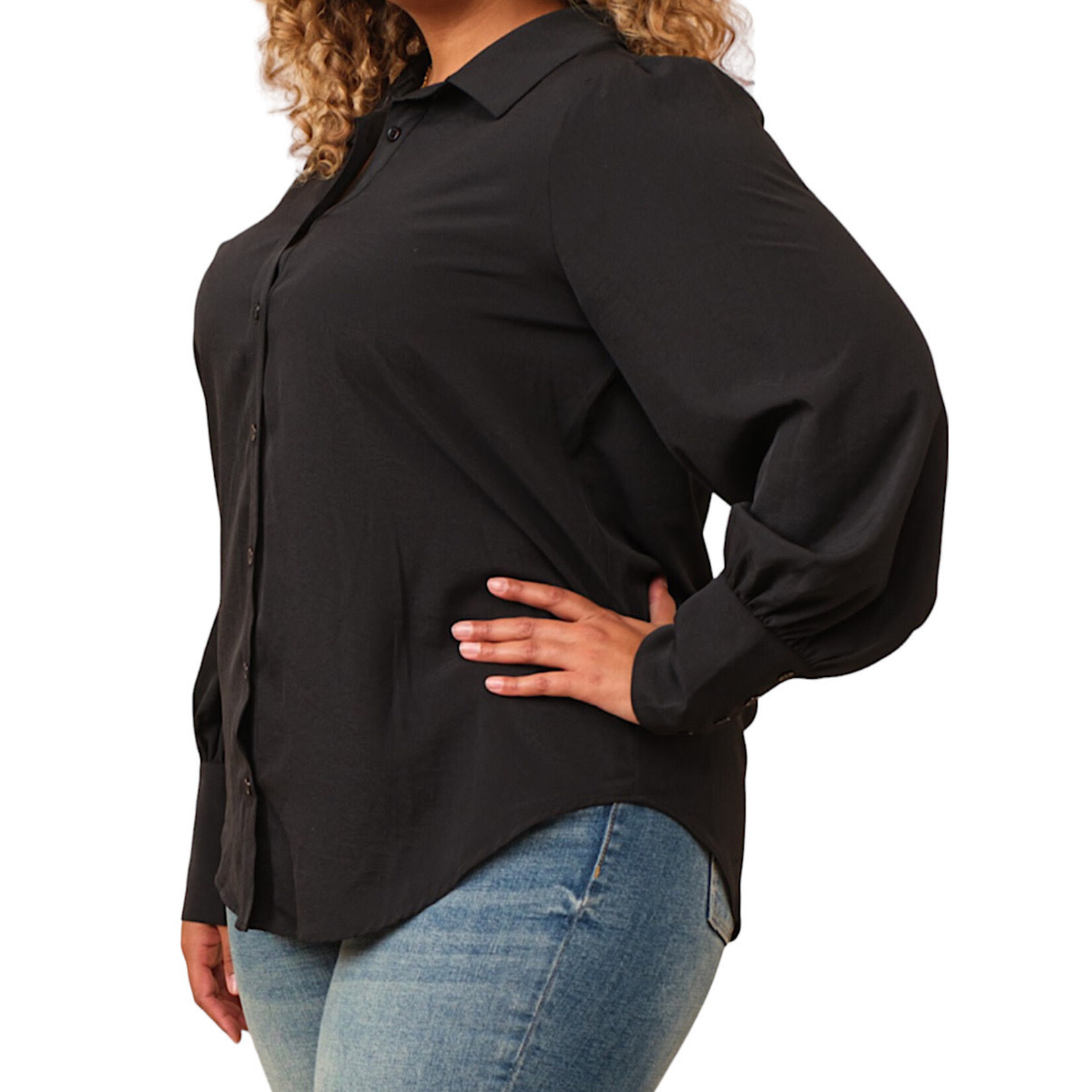 Plus Black Long Cuff Lantern Puff Sleeve Button Down Blouse