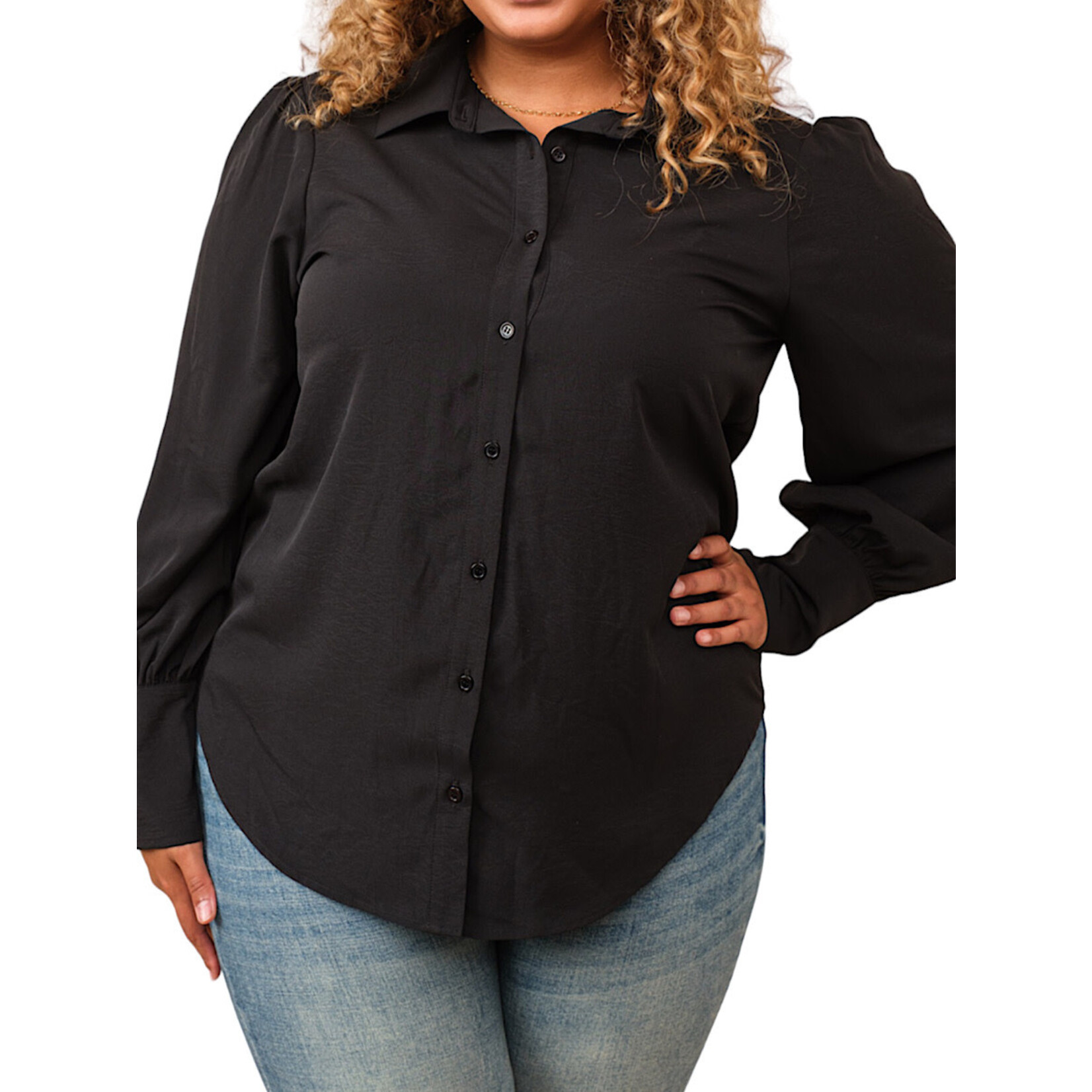 Plus Black Long Cuff Lantern Puff Sleeve Button Down Blouse