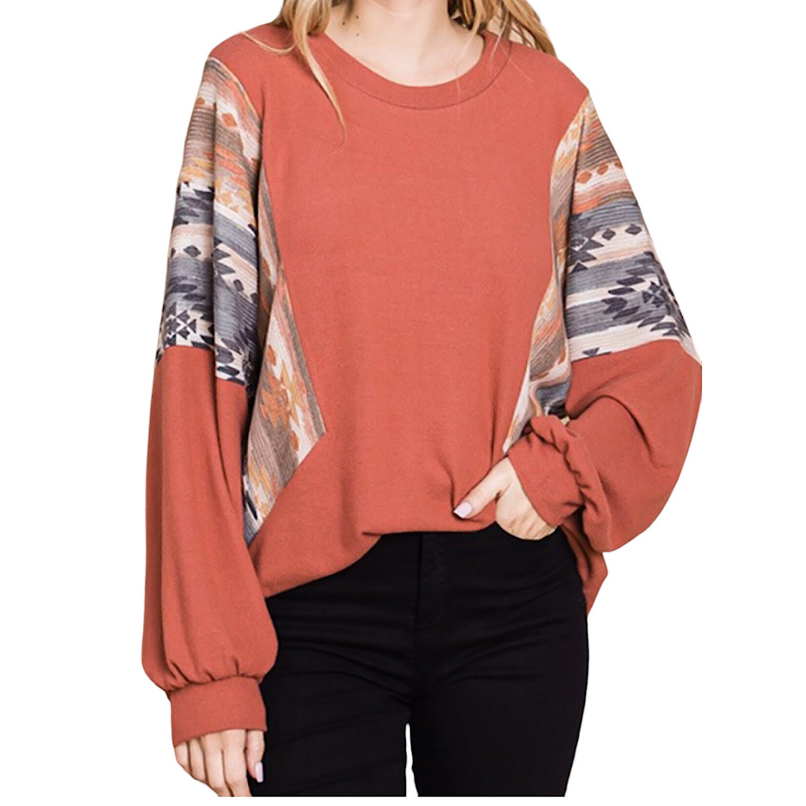 Plus Rust Combo Color Block L/S Knit Top