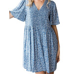 Plus Blue Ditsy Floral Smocked Baby Doll Flare Dress