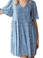 Plus Blue Ditsy Floral Smocked Baby Doll Flare Dress
