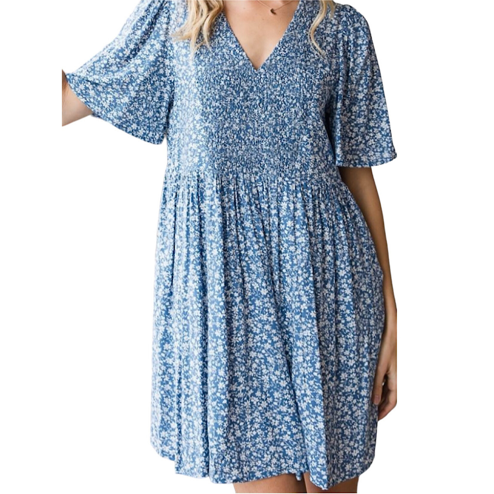 Plus Blue Ditsy Floral Smocked Baby Doll Flare Dress
